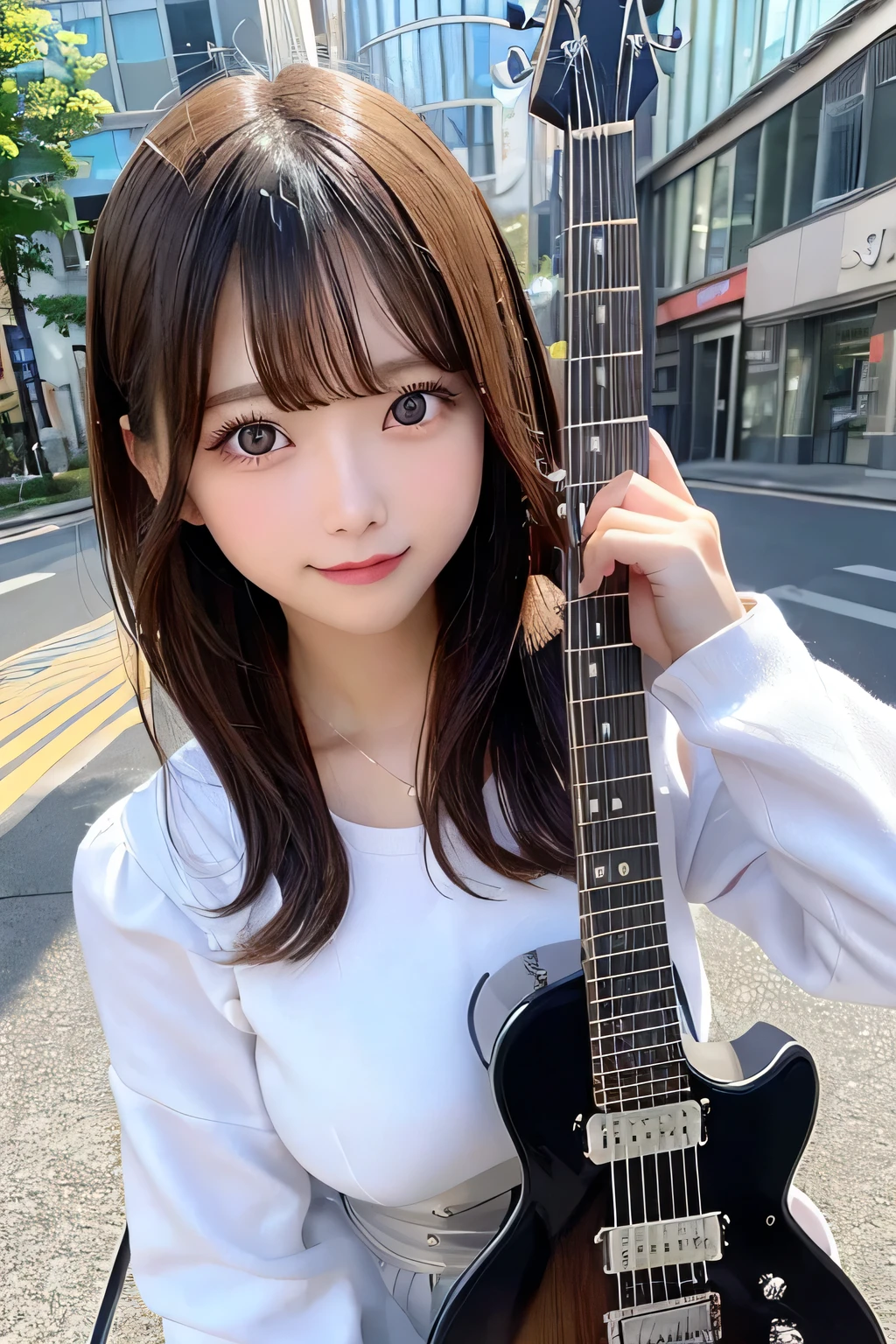 Fine details, High resolution, high quality、Perfect dynamic composition, Beautiful detailed eyes, Medium Hair, Small breasts、Natural color lip,Looking up、Shibuya-kei、20 year old girl、1 person、Clear skin、Shiny Hair、A sloppy smile、Mastepiece, Best Quality, Illustration, Super detailed, Fine details, High resolution, 8K、The correct state of the human body、squat、Gravure model pose,Hair flying in the wind、((I have an electric guitar))、(Wearing a dress)、(Full Body Shot)(Random Pause)