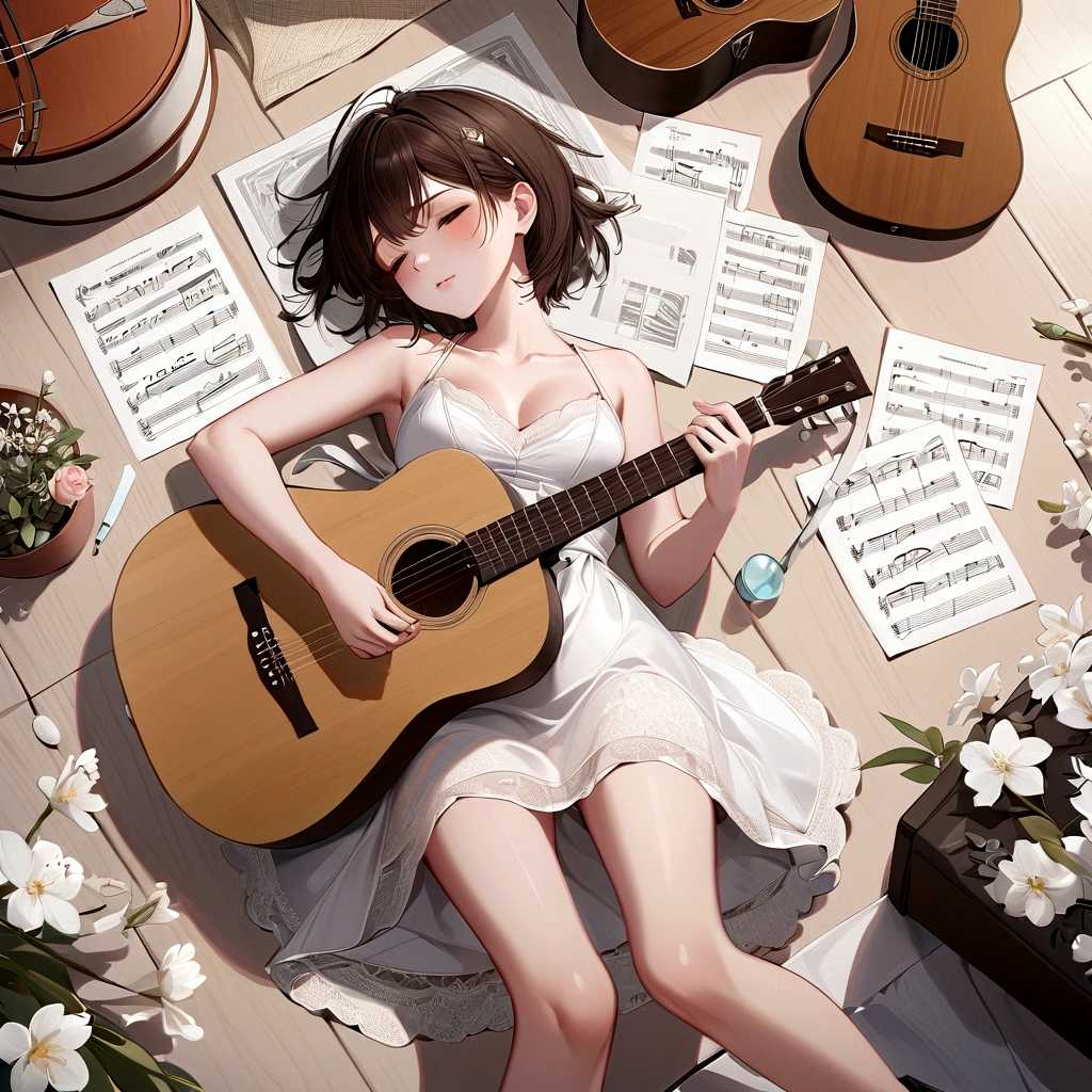 There's a woman lying on the ground holding a guitar., artwork in the style of Gweitz, Gweitz masterpiece, Gweitz, Gweitz on pixiv artstation, Nightcore, Gweitz on artstation pixiv, Detailed fan art, play the guitar, Smooth anime CG art, , Beautiful Anime, High quality fan art