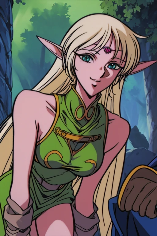 1girl,((solo)),Deedlit,elf ears,long ((blonde hair)),((Nobuteru Yuki art style:1.21)),((1990s anime art style:1.21)),1990s (style),green eyes,detailed eyes,bright pupils,looking at viewer,detailed pupils,thin eyebrows,((lineart)),nature,scenery,trees,((eyelashes)),tall,slender,woman,(((solo))),smiling,(long midface),perfect body,sexy,Seductive eyes,naughty eyes,high elf,((record of lodoss war ova)),Detailed arms,detailed legs,detailed face,detailed eyes,detailed pupils,((perfect anatomy)),Detailed lighting ,ambient lighting ,reflective lighting ,edge lighting,overcast light,hidden light sources,cast shadows,occlusion shadows,spotlighting,Surreal colors,light and shadows,amazing colors ,awesome colors ,vibrant colors ,