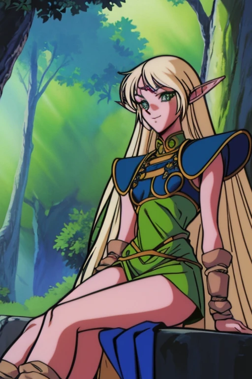 1girl,((solo)),Deedlit,elf ears,long ((blonde hair)),((Nobuteru Yuki art style:1.21)),((1990s anime art style:1.21)),1990s (style),green eyes,detailed eyes,bright pupils,looking at viewer,detailed pupils,thin eyebrows,((lineart)),nature,scenery,trees,((eyelashes)),tall,slender,woman,(((solo))),smiling,(long midface),perfect body,sexy,Seductive eyes,naughty eyes,high elf,((record of lodoss war ova)),Detailed arms,detailed legs,detailed face,detailed eyes,detailed pupils,((perfect anatomy)),Detailed lighting ,ambient lighting ,reflective lighting ,edge lighting,overcast light,hidden light sources,cast shadows,occlusion shadows,spotlighting,Surreal colors,light and shadows,amazing colors ,awesome colors ,vibrant colors ,