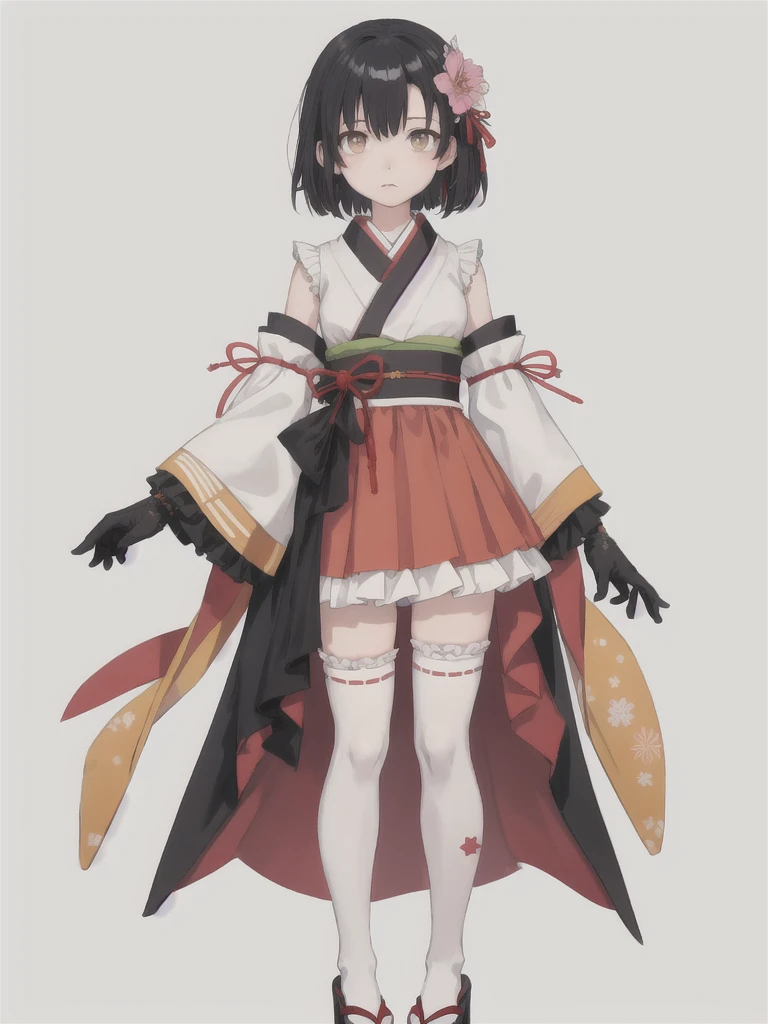 1girl、Standing in front of the viewer、vtuber-fullbody、(masterpiece, highest quality, Intricate details, Ultra-detailed, Very detailed), SF, future, cyber punk, One girl, alone, Cowboy Shot, Two-tone hair, Gloves, short hair, Frills, kimono, Hair Flowers, Long Wide Sleeve, kimono, White knee socks, zettai ryouiki, Space print, skirt, Removable sleeves, adjusting 、White simple background、