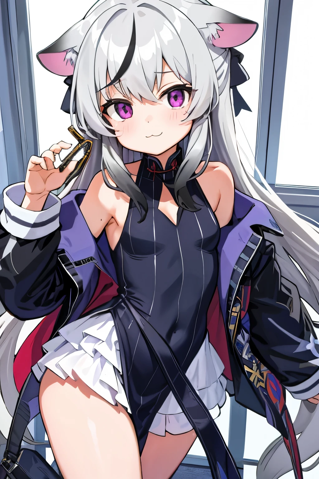 tmasterpiece， best qualtiy， ultra - detailed， 1girll，Gray hair Kokona， inside in room， Purple eye， ：3，the face  closeup cleavage,  Winter suit, winter wonder