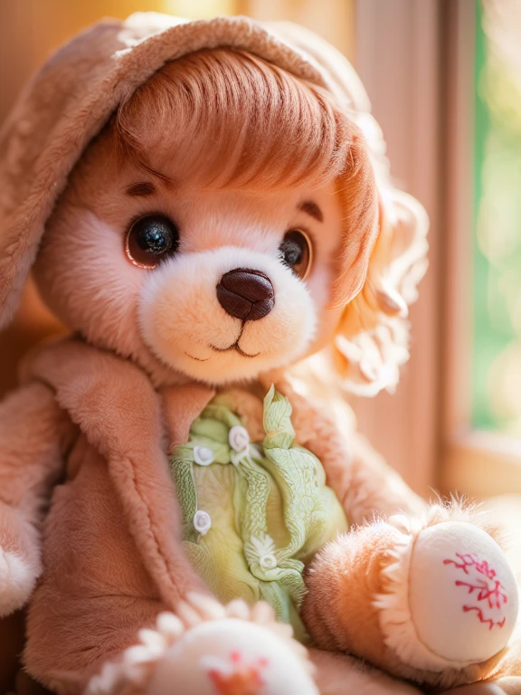 (Style - Depth of Field:1.4) Teddy bear product photo, morning light shining through the window, (prospect:1.3),  (masterpiece) (highest quality) (detailed) (Complex)、duffy、cute、smile