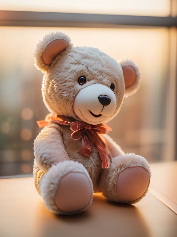 (Style - Depth of Field:1.4) Teddy bear product photo, morning light shining through the window, (prospect:1.3), (masterpiece) (highest quality) (detailed) (Complex)、duffy、cute、smile