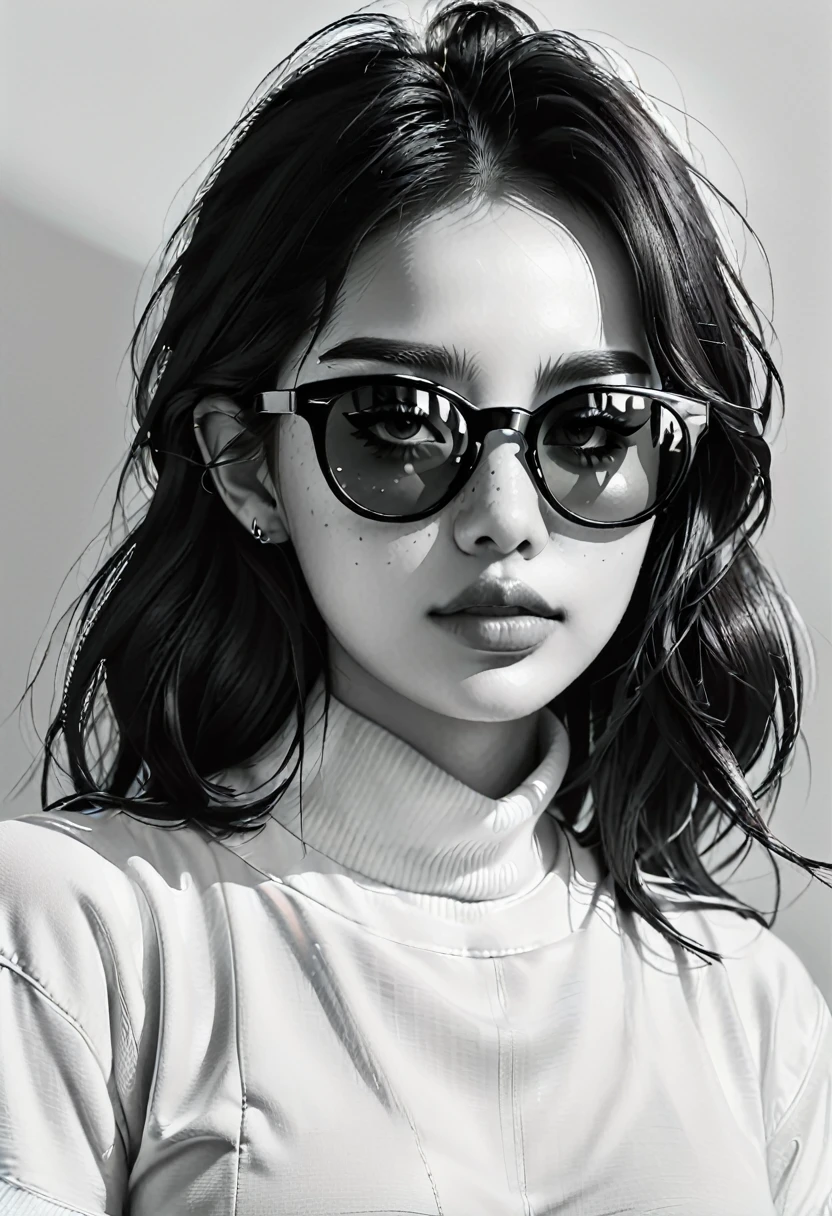 (Minimalism:1.5)，Portraits，(Black and white sketch painting)，Simple composition，1 girl,23 year old girl, wear sunglasses, There is light on the face, There is light in the eyes，uniform