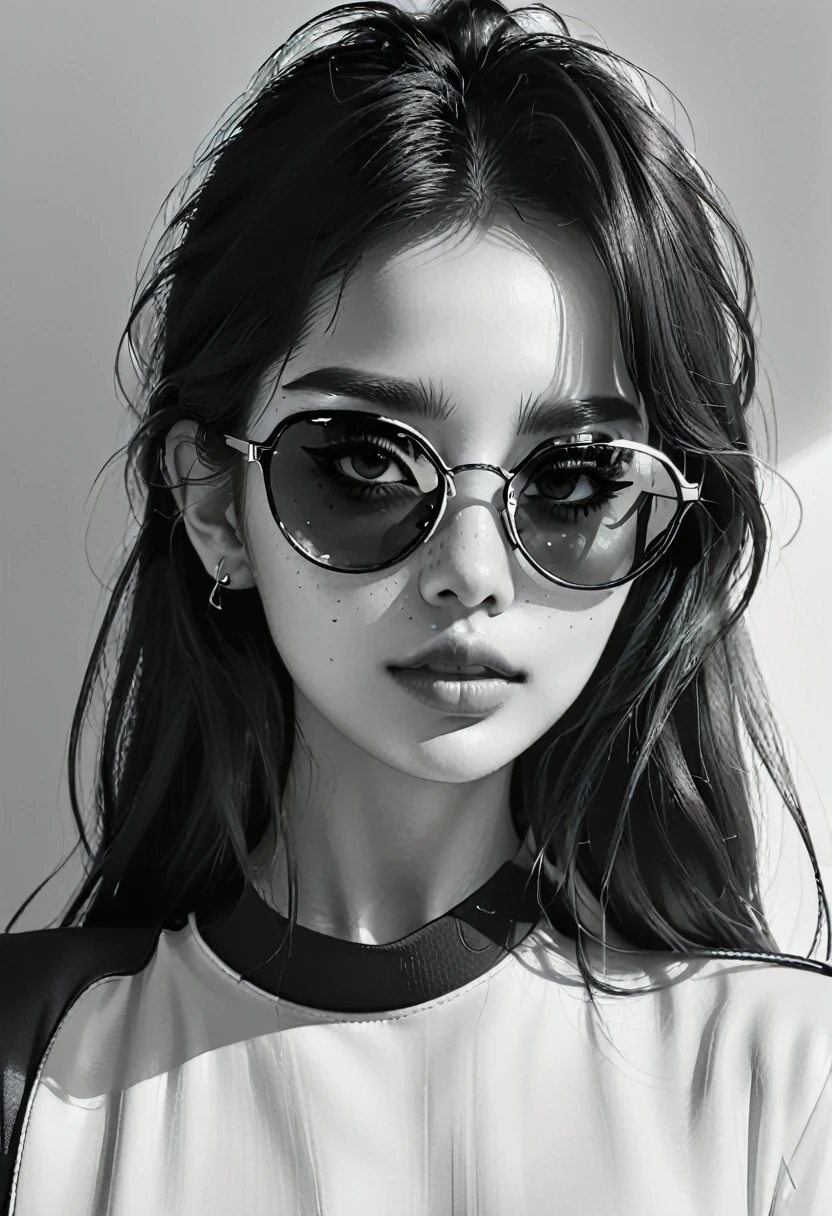 (Minimalism:1.5),Portraits,(Black and white sketch painting),Simple composition,1 girl,23 year old girl, wear sunglasses, There is light on the face, There is light in the eyes,uniform