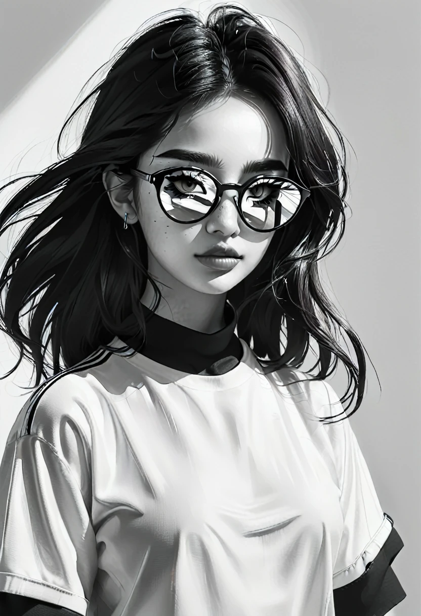 (Minimalism:1.5)，Portraits，(Black and white sketch painting)，Simple composition，1 girl,23 year old girl, wear sunglasses, There is light on the face, There is light in the eyes，uniform