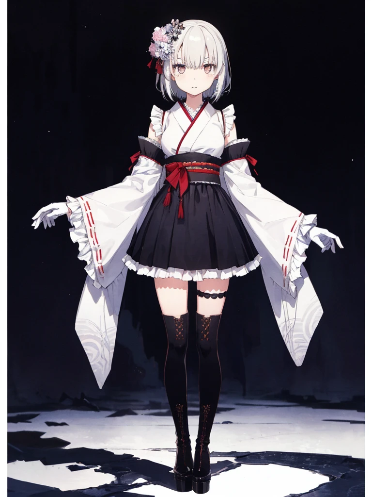 1girl、Standing in front of the viewer、vtuber-fullbody、(masterpiece, highest quality, Intricate details, Ultra-detailed, Very detailed), SF, future, cyber punk, One girl, alone, Cowboy Shot, Milky hair color, Gloves,  short hair, Frills, kimono, Hair Flowers, Long Wide Sleeve, kimono, Knee-high boots, zettai ryouiki, Space print, skirt, Removable sleeves,  adjusting 、White simple background、