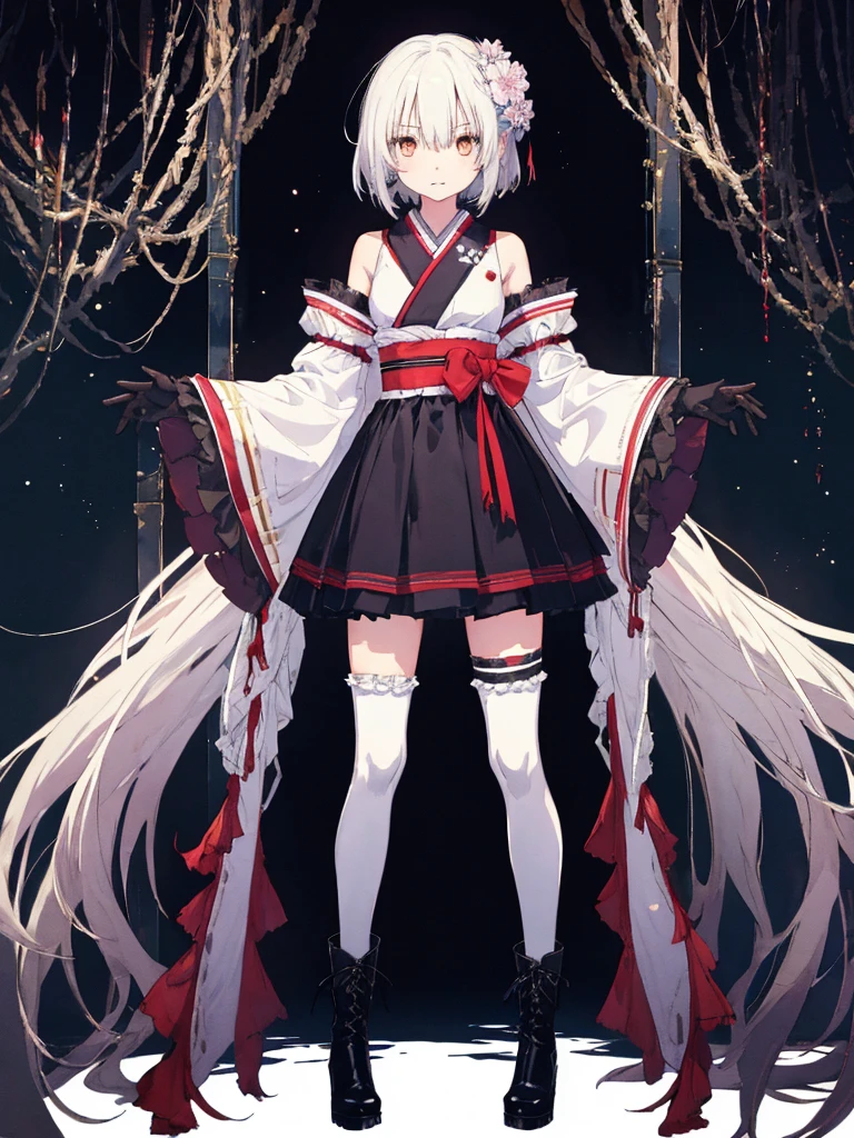 1girl、Standing in front of the viewer、vtuber-fullbody、(masterpiece, highest quality, Intricate details, Ultra-detailed, Very detailed), SF, future, cyber punk, One girl, alone, Cowboy Shot, Milky hair color, Gloves, short hair, Frills, kimono, Hair Flowers, Long Wide Sleeve, kimono, Knee-high boots, zettai ryouiki, Space print, skirt, Removable sleeves, adjusting 、White simple background、