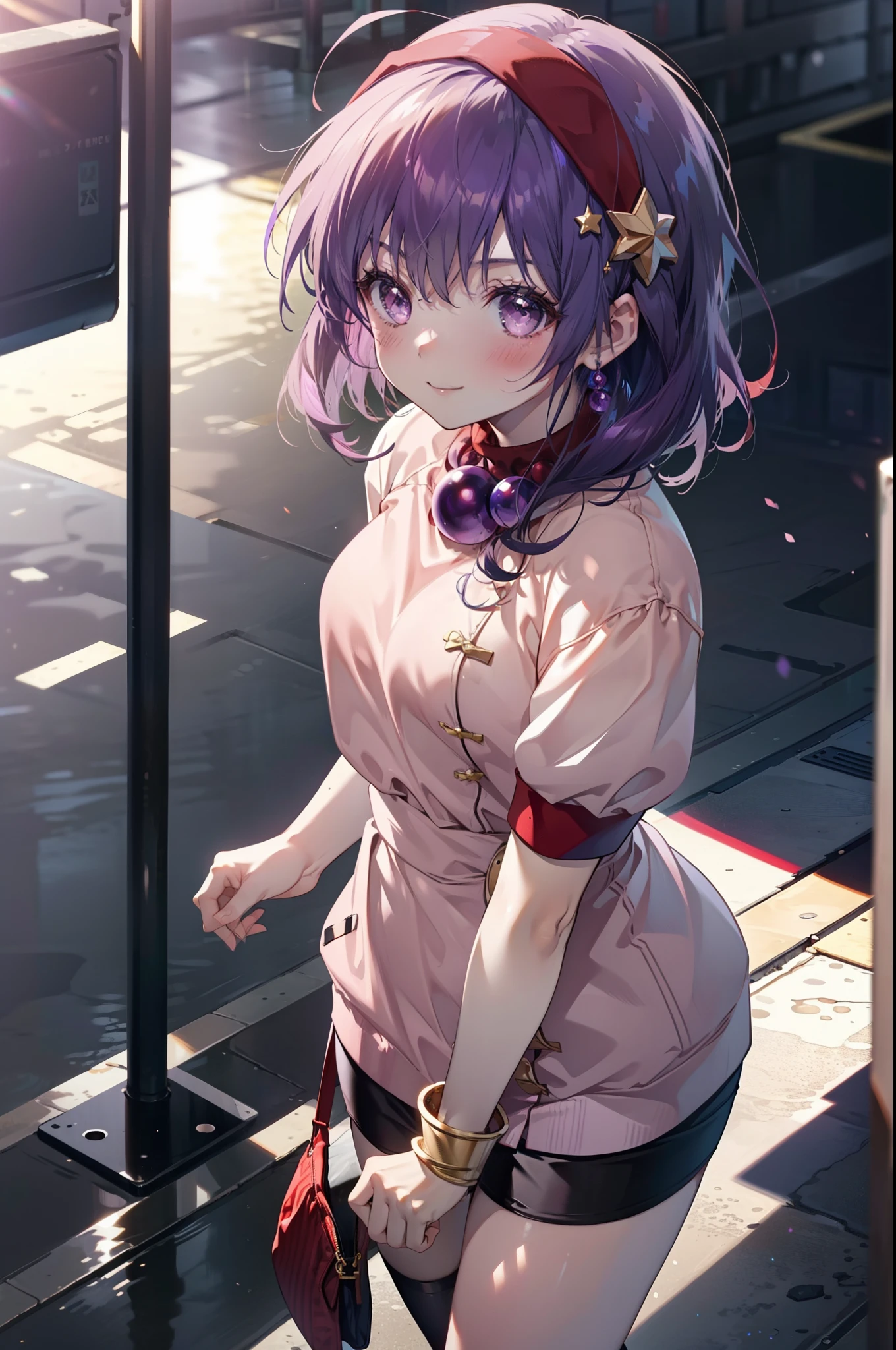 Athena Asamiya, they don&#39;t stop, short hair, hair ornaments, (purple eyes:1.1), purple hair, hair band, star \(symbol\), star hair ornaments, star (symbol), smile,blush,hair ornaments,Double bun hair at the bottom,red cheongsam, red handbag, t high s, blue shorts, lips, arm support, blush, blue sky, , brown footwear, shiny, parted lips, raise your hand, No sleeve,
break outdoors,In town,
break cowboy shot, looking at the viewer,
break (masterpiece:1.2), highest quality, High resolution, unity 8k wallpaper, (figure:0.8), (detailed and beautiful eyes:1.6), highly detailed face, perfect lighting, Very detailed CG, (perfect hands, perfect anatomy),