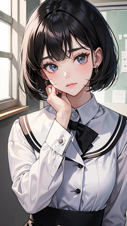 Bobcut、Black-haired 、White uniform、School classroom、Talking to someone、Pouting、classmate、Daytime