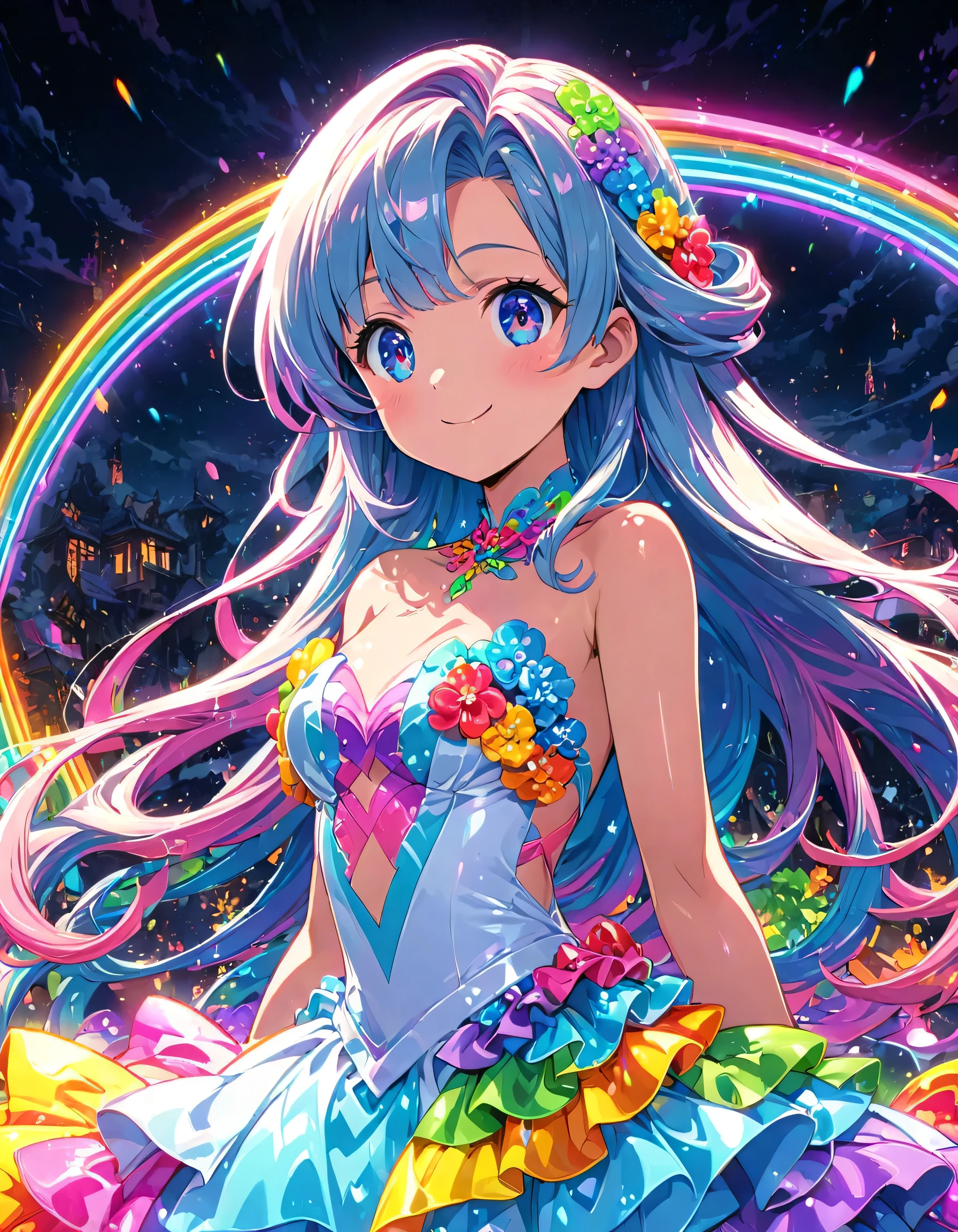 A woman with long rainbow hair, Neon voluminous evening dress with long train、Rainbow-colored eyes and a lovely smile, Detailed anime style, Fantasy illustration art, Shiny colorful lighting, Glittering Skin, Glowing neon color palette, Cute Face,rainbow
