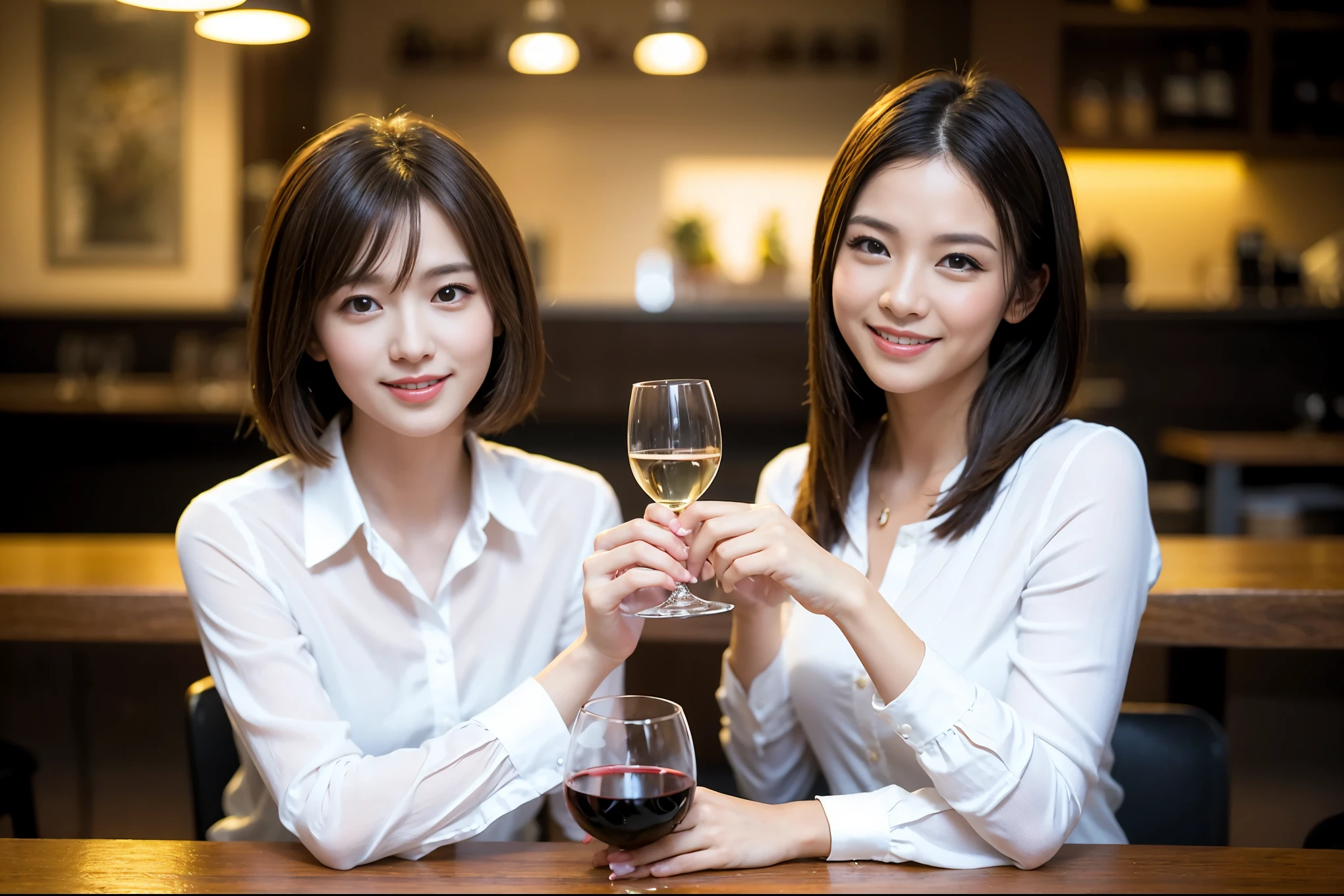 ((highest quality、8k、masterpiece:1.3))、1 male 1 female、lover、really like、Beautiful couple、The body is slim、テーブルの上のwine glass、Lighting the face、full-course dinner、 Amazing view of the sunset sky and clouds、A bright smile、The wonderfulness of smile、Bright image、Beautiful Face, short hair,Bright Face、 (Age 43), 39 years old, red wine 、Appetizers、Italian food、Wine bottle、Champagne、sparkling wine、Two beauties、Brown Hair、Shortcuts、Long sleeve shirt、dress、Pretty Woman 1, (slimな顔), (The body is slim), (Brown Hair), (Shortcuts), cheeks turn a little red,Attractive beauty、restaurant, In a prominent place (From the waist up) Nova Frog Style, actress, model, Upper Body, White wine, slim, wine glass, 中央に置かれたwine glass, smile, (smile: 1.15), Beautiful fine grain, Depth f/2,saturation, High Contrast, Strong light and shadow,Moist Body:1.5、3D texture、Delicate eyes、Brown Hair、The hair is very shiny、