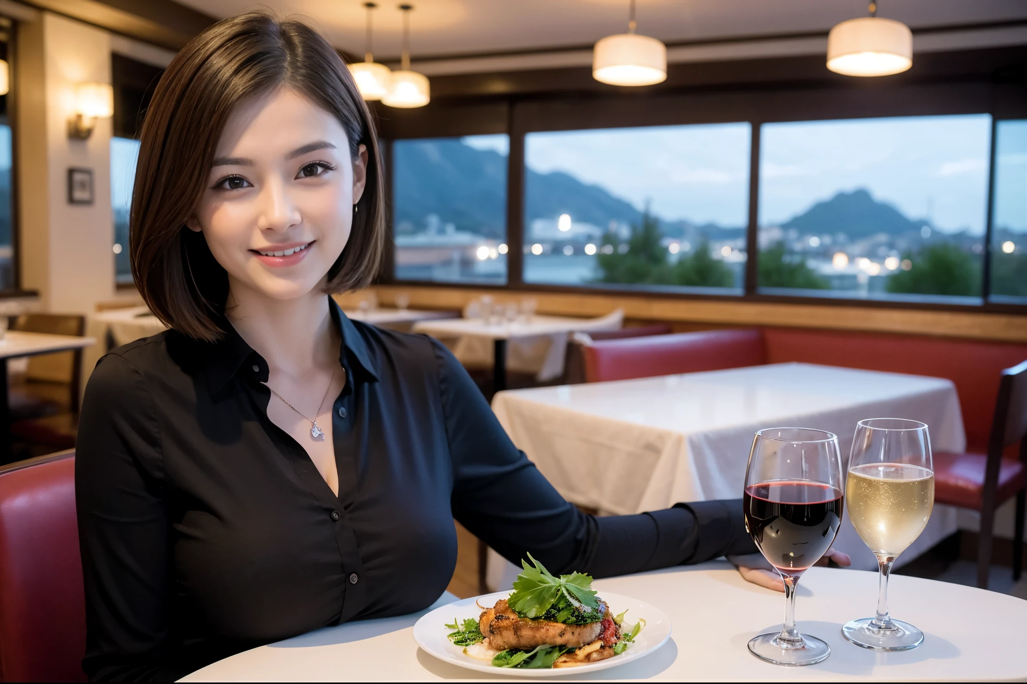 ((highest quality、8k、masterpiece:1.3))、1 male 1 female、lover、really like、Beautiful couple、The body is slim、テーブルの上のwine glass、Lighting the face、full-course dinner、 Amazing view of the sunset sky and clouds、A bright smile、The wonderfulness of smile、Bright image、Beautiful Face, short hair,Bright Face、 (Age 43), 39 years old, red wine 、Appetizers、Italian food、Wine bottle、Champagne、sparkling wine、Two beauties、Brown Hair、Shortcuts、Long sleeve shirt、dress、Pretty Woman 1, (slimな顔), (The body is slim), (Brown Hair), (Shortcuts), cheeks turn a little red,Attractive beauty、restaurant, In a prominent place (From the waist up) Nova Frog Style, actress, model, Upper Body, White wine, slim, wine glass, 中央に置かれたwine glass, smile, (smile: 1.15), Beautiful fine grain, Depth f/2,saturation, High Contrast, Strong light and shadow,Moist Body:1.5、3D texture、Delicate eyes、Brown Hair、The hair is very shiny、