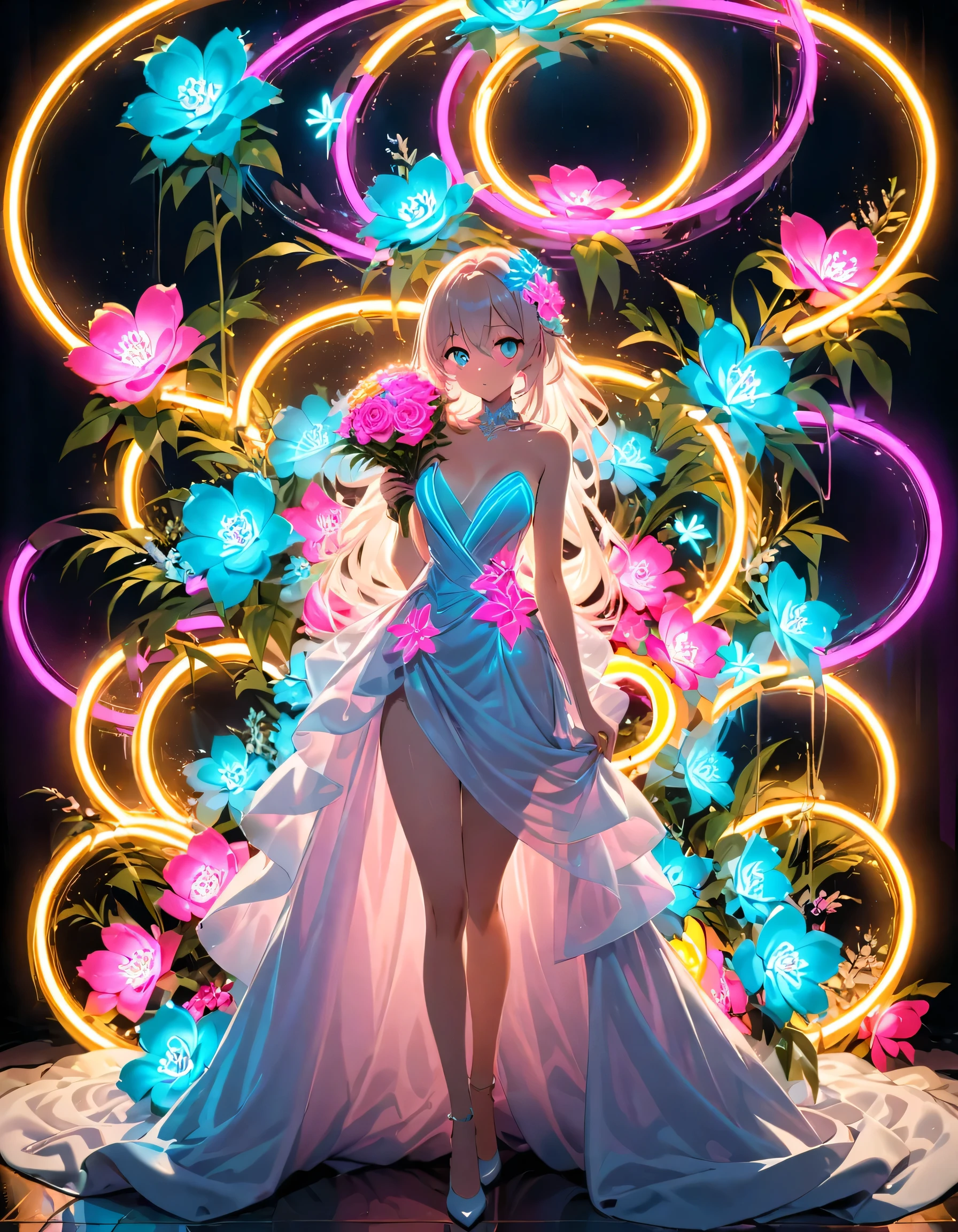 composition, Thematic, Light Staging, The background is simple, Standing in a neon voluminous evening dress with a long train, Very impressive and beautiful. , View your viewers, Holding a bouquet of neon flowers. Hair and eyes glow with neon lights