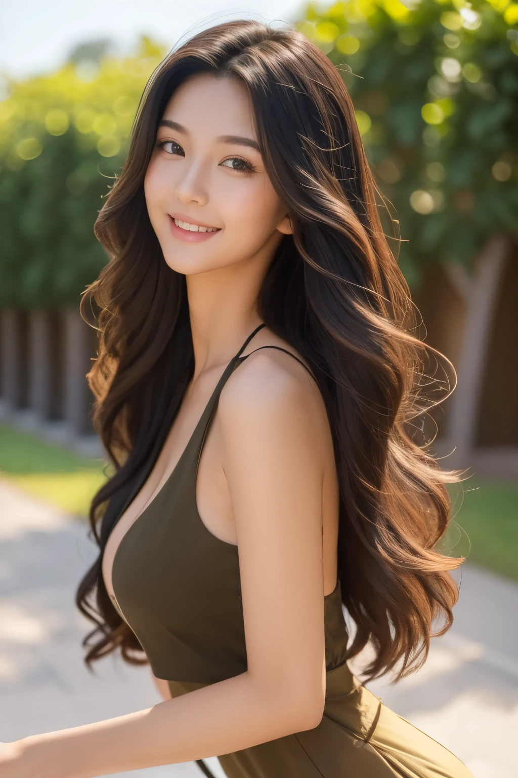 portrait photograph, 1 beautiful girl, pefect body, long hair, dark tones, wavy hair, sun-kissed skin, smile, confident, gorgeous young woman, half Chinese, half Italian, fashion model, tan top