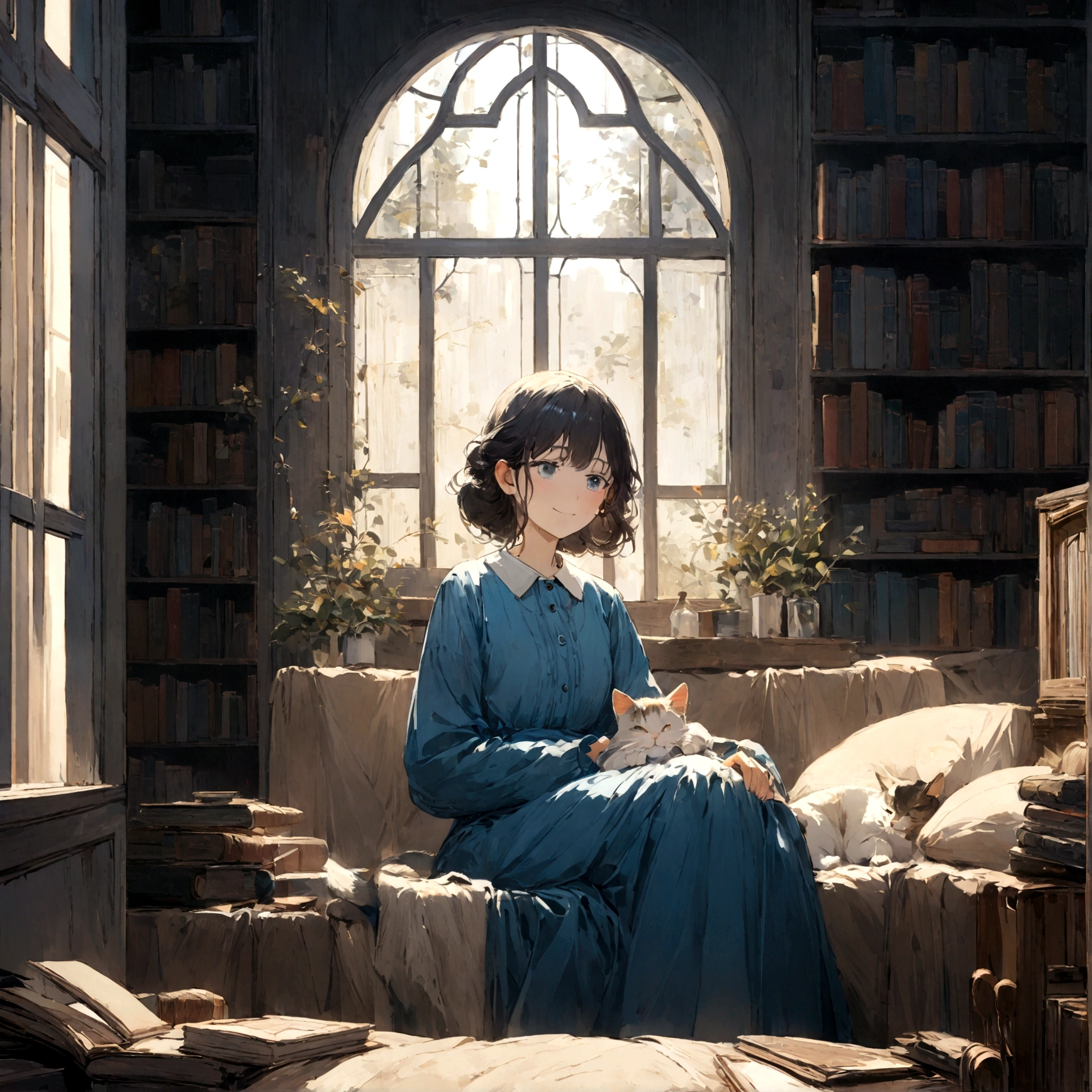 a sad female wearing a blue dress, silently crying on her bed though accepting it, in front of a moonlit window surrounded by books, has a smile on her face, modern setting, has cat on her lap