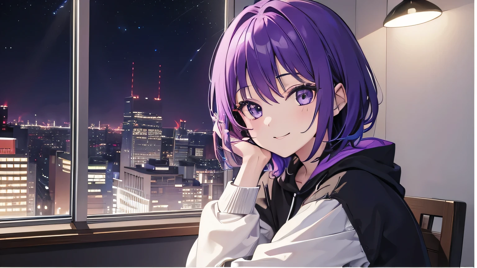 (T Masterpiece，4K wallpaper，Best Quality))、((girl１people))、(solo)、Bright and Brilliant，(Purple Hair)、(Shortcuts:1.3)、smile、Bedroom、sweater、night