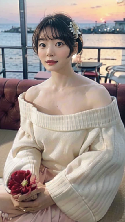 kana hanazawa,
One Woman,
Small flower petal hair ornament,
Natural skin texture,
White((Off-the-shoulder sweater)),
Upright posture,Sit on a chair,Seaside at sunset,restaurant,
Big Breasts,valley,expression(Straight face),Muscular shoulders,
From the side,View the sea,
Beautiful image quality,Delicate shades,4K,Very detailed,