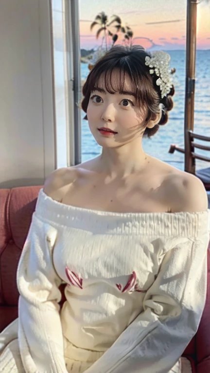 kana hanazawa,
One Woman,
Small flower petal hair ornament,
Natural skin texture,
White((Off-the-shoulder sweater)),
Upright posture,Sit on a chair,Seaside at sunset,restaurant,
Big Breasts,valley,expression(Straight face),Muscular shoulders,
From the side,View the sea,
Beautiful image quality,Delicate shades,4K,Very detailed,