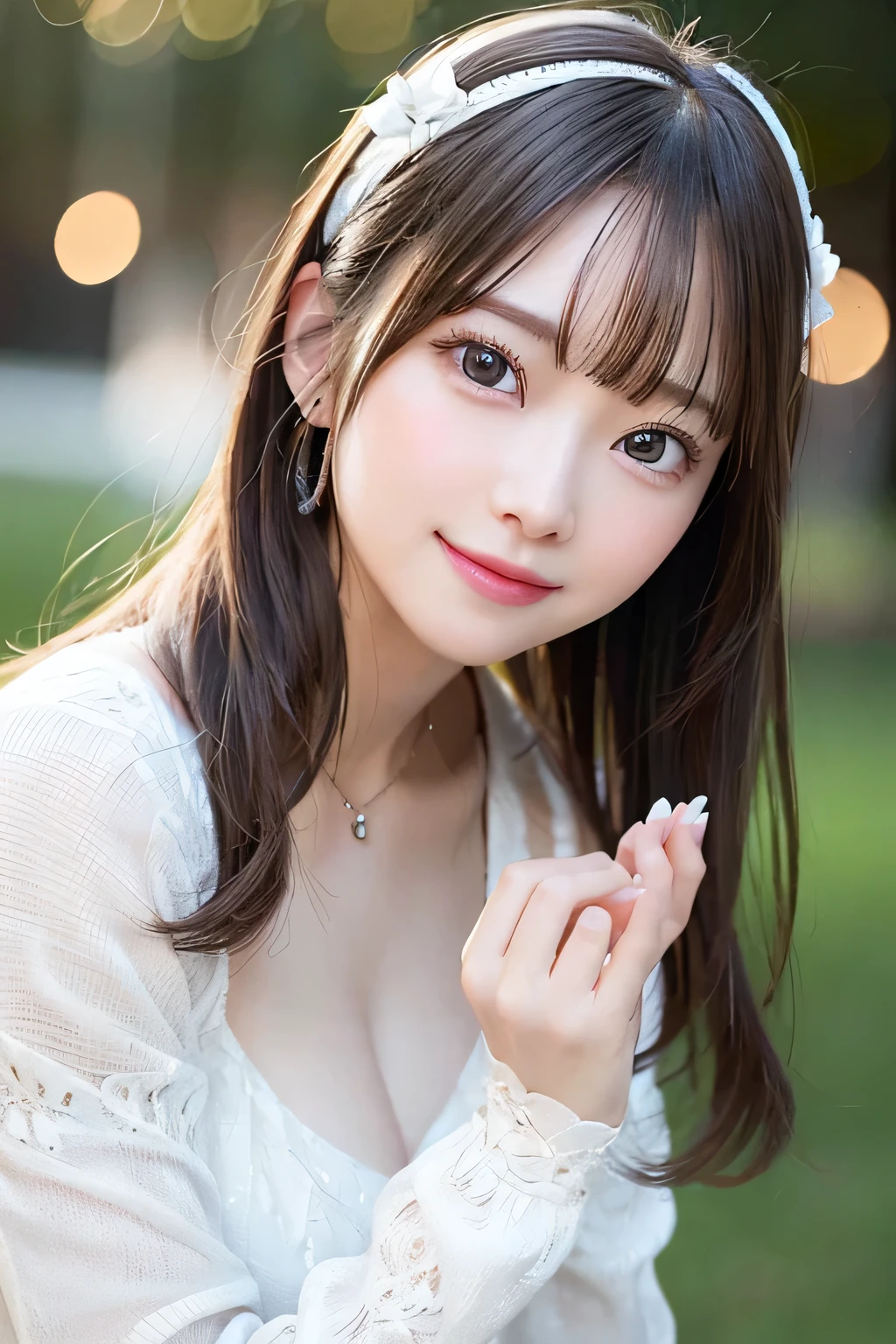 (Realistic、Photorealistic:1.37)、(8K、Raw photo、highest quality、masterpiece:1.2)、cute、Very detailed、Heart shaped eyes、Physically Based Rendering、超A high resolution、Kodak Vision Color、Filmed with an Arricam LT camera、Bokeh、Sharp focus、Watching the audience、Photorealistic、Realistic、one person、Photorealistic、highest quality、Highly detailed face、Highly detailed eyes and face、beautiful and white skin、Beautiful and detailed、An unforgettable smile、refreshing、（Beautiful long hair）、｟White knit｠、｟Wearing a dress｠｟Random Pause｠｟Beautiful feet｠（Foot fetish）（Leg fetish）、（I can see her cleavage）｟Whole body image｠