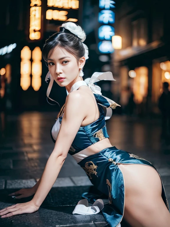 (((Fallen and lying))),"(Exquisitely drawn CG Unity 8k wallpaper, Masterpiece quality with stunning realism), (Best lighting, Best Shadow), (highest quality), (Elegant and devilish style:1.2), Artistic modern anime. Diagonal view, A close-up full-body portrait of a stunningly beautiful mature Chun-Li from Street Fighter。 ((Dark brown hair:1)), ((White lace-up boots:.5)), Dynamic pose, (Blue Chinese Dress:1.5), Great body, in china at night with neon lights, Shy and timid、Frivolous、sexy、Cute expression, the body is slim, Very decorative and detailed, Brown see-through pantyhose, Depth of field blur effect, night, Full Zoom, Action Portrait, Realistic. Cinema Lighting, Very detailed. highest quality, 4K, Better Hands, Perfect Anatomy, Shortening effect, Shy and timidsexyな表情, Your legs look short, (Sharp Eye:0.8), Surrounded by an ominous and dark atmosphere, Dramatic and striking lighting accents, Surreal fantasy feel". (Wearing white laced military boots:1), (night:1), (Side view:.5), (Lifted my butt:1), (metal spike bracelet:1), (Leaning forward:1), (White ribbon flowing from the hair bun:1.5) (Front view:1)