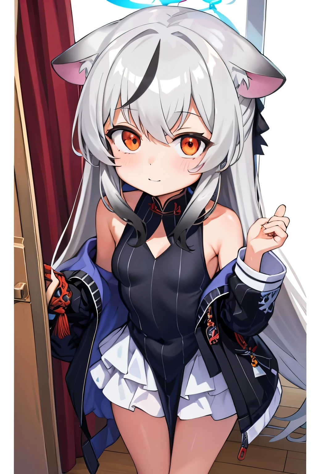 tmasterpiece， best qualtiy， ultra - detailed， 1girll，Gray hair Kokona， inside in room， Orange eye， ：3，the face,  closeup cleavage,  Winter suit, winter wonder