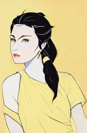 Patrick nagel poster art of a woman with a ponytail and a yellow shirt, digital color study, in the art style of bowater, portrait study, digital, feminine portrait, a digital , digital art portrait