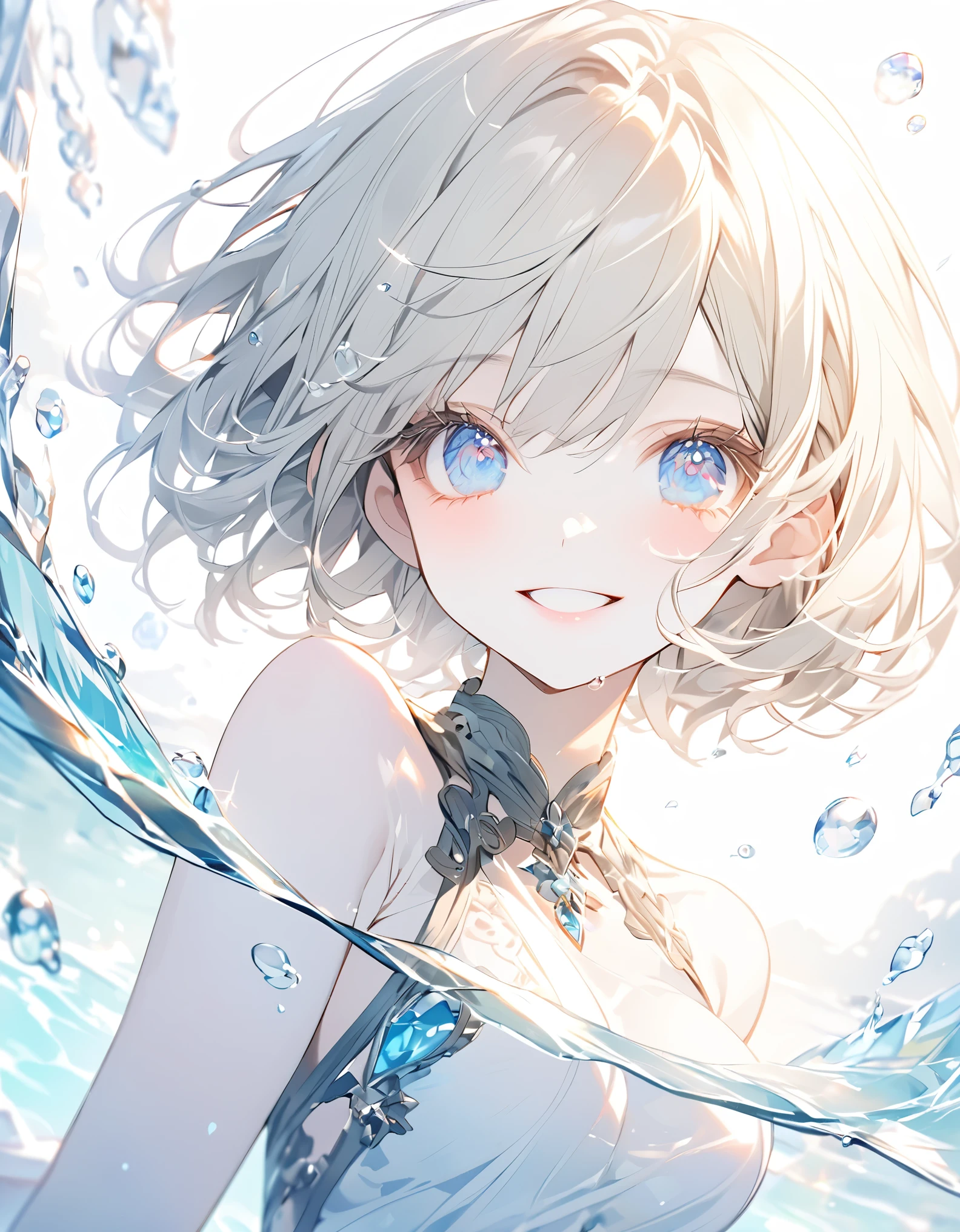 A cute girl in a swimsuit(original bikini swimsuit)(Small body) (:1.5), (blonde:1.5)(eyelash:1.2)(eye shadow:1.3) (Blue eyes:1.5), (Beautiful fine details:1.4) (Short Bob Hair:1.4), (Blue eyes)(Big Breasts:1.3) (White skin:1.2)Height: 130cm, original character, Fantasy, View Viewer Art: (A girl with beautiful deep eyes. The depth of field in the photo is perfect、Lens flares create a nice atmosphere. The details of her face really stand out, This photo definitely gets a 10 or more.. background, There is a beautiful sea with crystal clear water and water droplets floating on the surface. Embarrassed and hiding her breasts