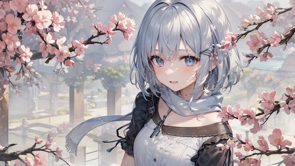 Her eyes were shining、Mysterious and enchanting atmosphere。With AI Painting、とてもShort Hair, Long bangs between the eyes, Grey Eyes , Very detailed,(masterpiece、highest quality)、alone、Gray Hair、Fantasy, Silver Hair, Beautiful Eyes,Ecstasy, charm, attract the audience, Fantasyな風景、White shirt、smile、Open your mouth、Scarf、short hair、Short Hair、hairpin、Dark Eyes