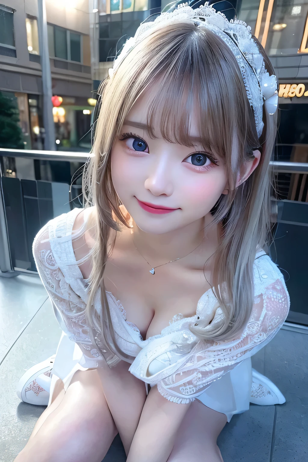 (Realistic、Photorealistic:1.37)、(8K、Raw photo、highest quality、masterpiece:1.2)、cute、Very detailed、Heart shaped eyes、Physically Based Rendering、超A high resolution、Kodak Vision Color、Filmed with an Arricam LT camera、Bokeh、Sharp focus、Watching the audience、Photorealistic、Realistic、one person、Photorealistic、highest quality、Highly detailed face、Highly detailed eyes and face、beautiful and white skin、Beautiful and detailed、An unforgettable smile、refreshing、(Beautiful long hair)、⦅White knit⦆、⦅Wearing a dress⦆⦅Random Pause⦆⦅Beautiful feet⦆()(Leg fetish)、(I can see her cleavage)⦅Wy image⦆