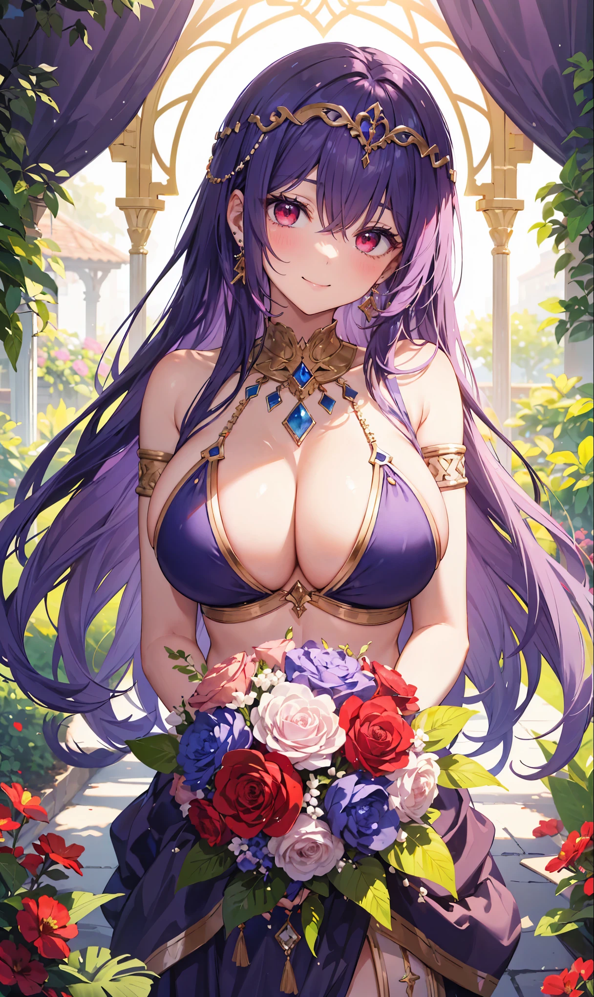 high quality, ultra detailed, best quality, insanely detailed, beautiful, masterpiece, 1girl, garden, cowboy shot, red eyes, long hair, purple hair, belly dancer, circlet, earrings, armlets, bracelets, holding bouquet, bashful smile, large breasts, cleavage, soft stomach