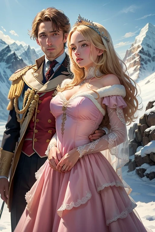 ((best quality)), ((masterpiece)), (detailed), blonde woman in a pink dress protected by a prince in a snowy mountains