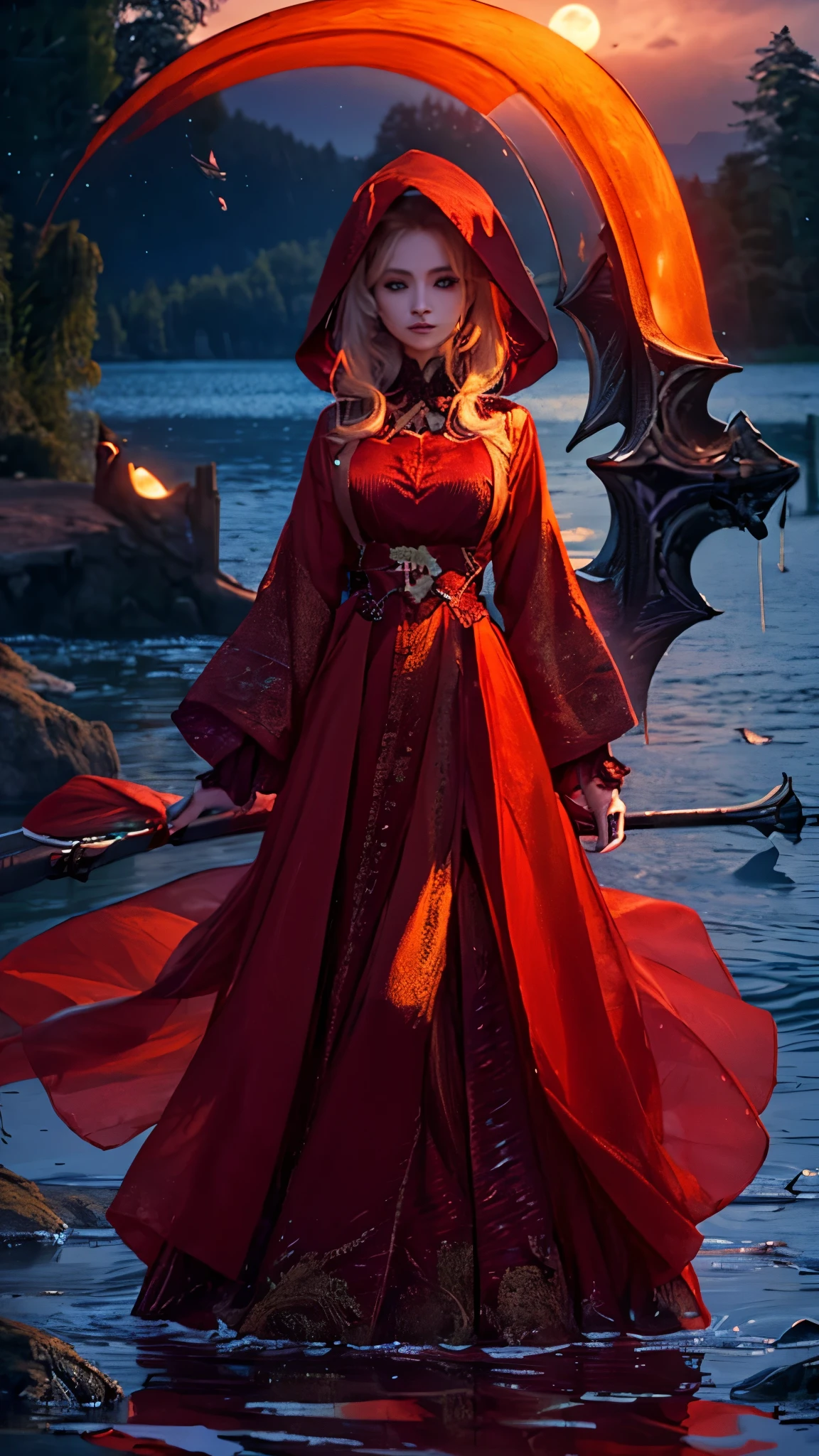 a woman standing by a lake, full moon in the night sky, hyperrealistic, vibrant red sky, dramatic lighting, detailed facial features, high quality, 8k, photorealistic, detailed skin texture, long flowing hair, elegant dress, serene expression, reflection in the water, dramatic clouds, glowing moon, lush foliage around the lake