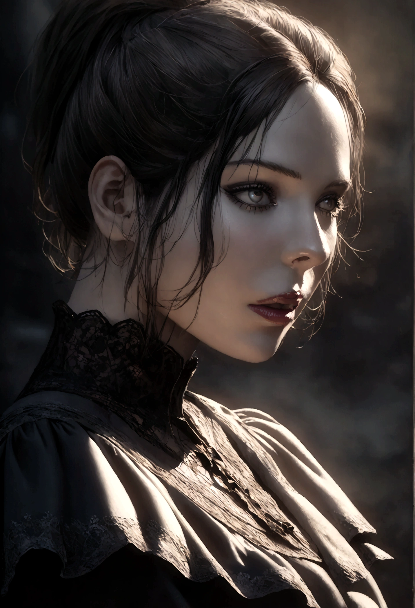 coloumbine, 1girl, beautiful detailed eyes, beautiful detailed lips, extremely detailed face and skin, highly detailed dress, elegant victorian fashion, intricate lace, delicate porcelain skin, soft lighting, cinematic, dramatic lighting, muted color palette, moody, melancholic, (best quality,4k,8k,highres,masterpiece:1.2),ultra-detailed,(realistic,photorealistic,photo-realistic:1.37)