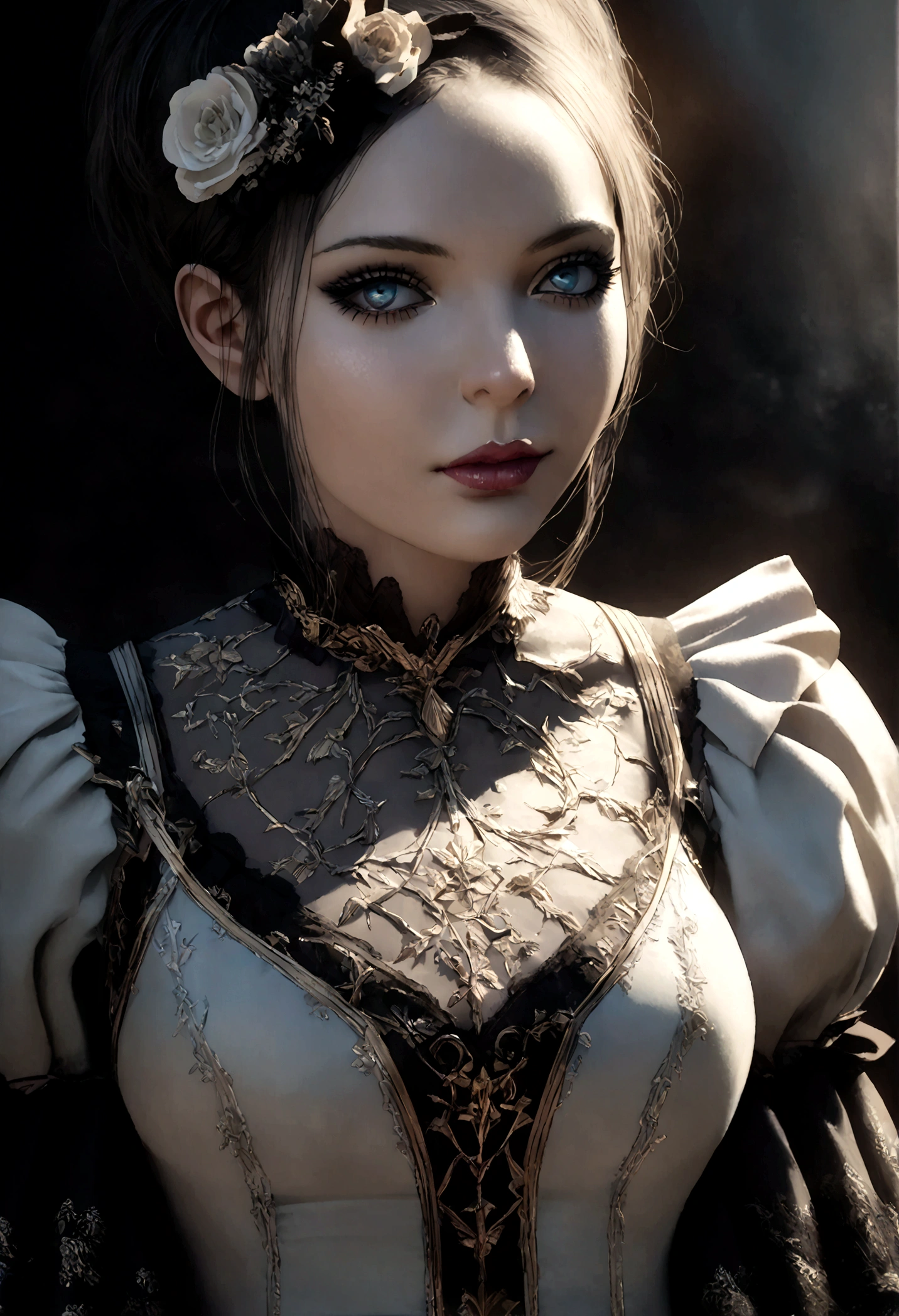 coloumbine, 1girl, beautiful detailed eyes, beautiful detailed lips, extremely detailed face and skin, highly detailed dress, elegant victorian fashion, intricate lace, delicate porcelain skin, soft lighting, cinematic, dramatic lighting, muted color palette, moody, melancholic, (best quality,4k,8k,highres,masterpiece:1.2),ultra-detailed,(realistic,photorealistic,photo-realistic:1.37)