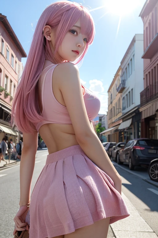 masterpiece, highest quality, High resolution, Absurd, One girl, crowd, skirt, Pink Hair, gasai yuno, From below, Revealing clothing, Skin dents, Outdoor, sunlight, street, View Viewer, blush,
