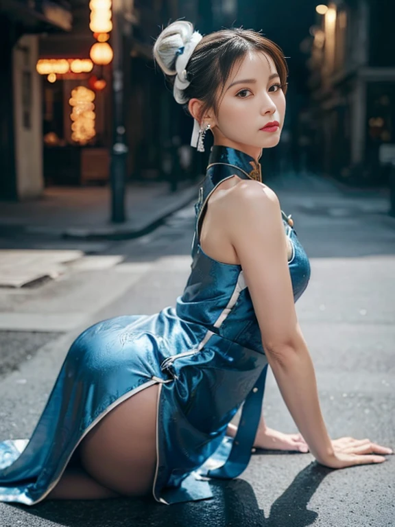 "(Exquisitely drawn CG Unity 8k wallpaper, Masterpiece quality with stunning realism), (Best lighting, Best Shadow), (highest quality), (Elegant and devilish style:1.2), Artistic modern anime. Diagonal view, A close-up full-body portrait of a stunningly beautiful mature Chun-Li from Street Fighter。 ((Dark brown hair:1)), ((White lace-up boots:.5)), Dynamic pose, (Blue Chinese Dress:1.5), Amazing body, in china at night with neon lights, Shy and shy、Frivolous、Sexy、Cute expression, The body is slim, Very decorative and detailed, Brown see-through pantyhose, Depth of field blur effect, night, Full Zoom, Action Portrait, Realistic. Cinema Lighting, Very detailed. highest quality, 4K, Better Hands, Perfect Anatomy, Shortening effect, Shy and shyセクシーな表情, Makes legs look shorter, (Sharp Eye:0.8), Surrounded by an ominous and dark atmosphere, Dramatic and striking lighting accents, Surreal fantasy feel". (Wearing white laced military boots:1), (night:1), (Side view:.5), (Lifted my butt:1), (metal spike bracelet:1), (Leaning forward:1), (White ribbon flowing from hair bun:1.5) (Front view:1)