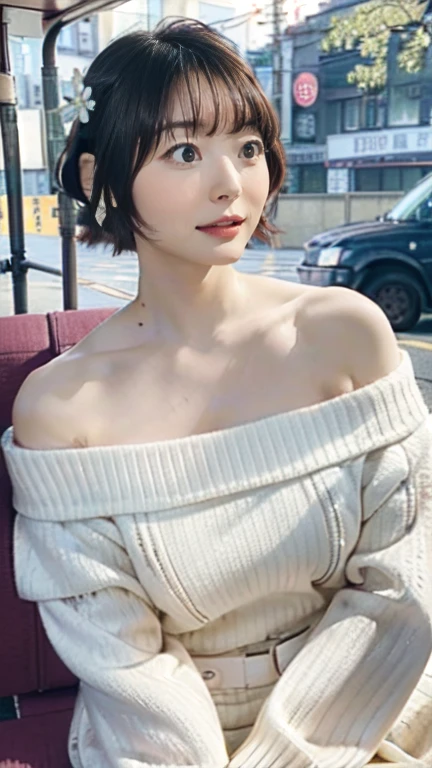 kana hanazawa,
One Woman,
Small flower petal hair ornament,
Natural skin texture,
White((Off-the-shoulder sweater)),
Upright posture,Sit on a chair,Midnight Sea,Bus Stop,
Big Breasts,valley,expression(Straight face),Muscular shoulders,From the side,
Beautiful image quality,Delicate shades,4K,Very detailed,