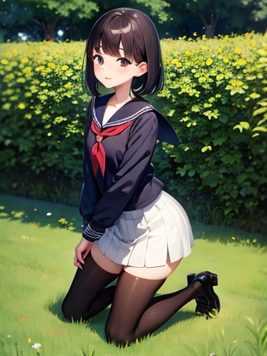 Best Quality, High resolution, Unity 8k壁纸, (Illustration:0.8), Perfect Lighting, extremely details CG, (Perfect hands, Perfect Anatomy),masutepiece, Best Quality, hight resolution, nffsw, Short hair, hair clips, Large breasts, grey sweater, black sailor collar, Yellow neckerchief, Black skirt, Standing, Cowboy Shot, Outdoors、Smile with open mouth、、(Skirt lift:1.3), (white panties:1.3)、(Skirt that rolls up:1.3)、(Fully exposed panties:1.5)、
