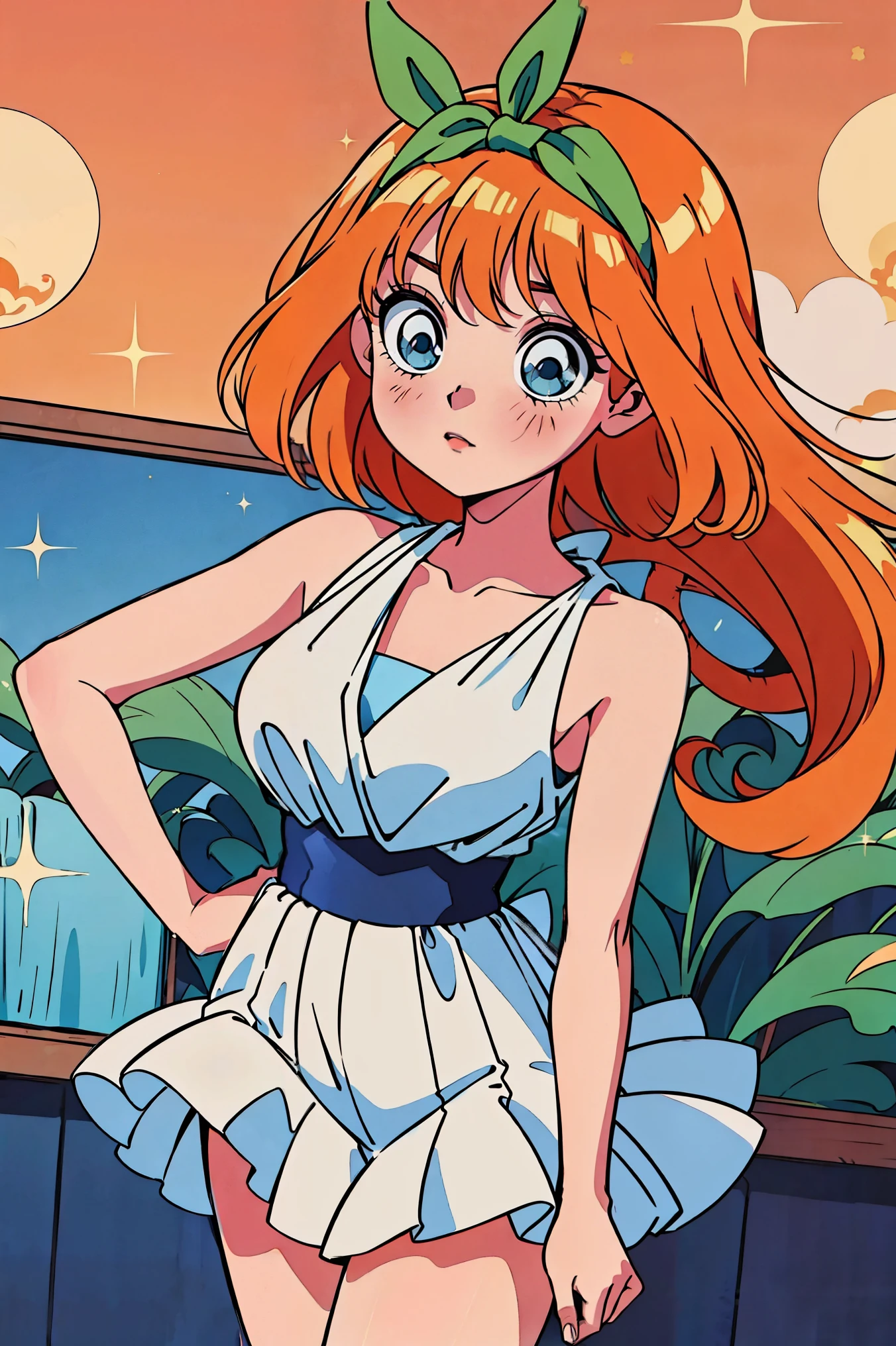 Yotsuba nakano, dancing in the moonlight, dynamic pose, moonlight background, full body, dancing girl, pretty flowing dress, wind, sweet dreamy face, (Old anime, vintage anime, 90's anime style, naoko takeuchi style, masterpiece、top-quality, Official art、Beautifully Aesthetic:1.2)、(a beauty girl:1.3)、vivid colours、colourful, magical photography, dramatic lighting, intricate details, (1 girl, solo, alone), , sfw, nakano_yotsuba, blue eyes, indigo eyes, aayotsuba, sparkling blue eyes, sfw, pretty teenage girl with shoulder length orange hair, hair ribbon, green ribbon, heart shaped lips and blue eyes making a cute face, blushing, aayotsuba, Nakano yotsuba from The Quintessential Quintuplets, yotsuba Nakano, masterpiece, 4k, ultradetailed, cowboy shot, shoulder lenght orange hair,, blushing,, blue eyes, innocent, pure, kawaii, tender, lovely, cheery, cute