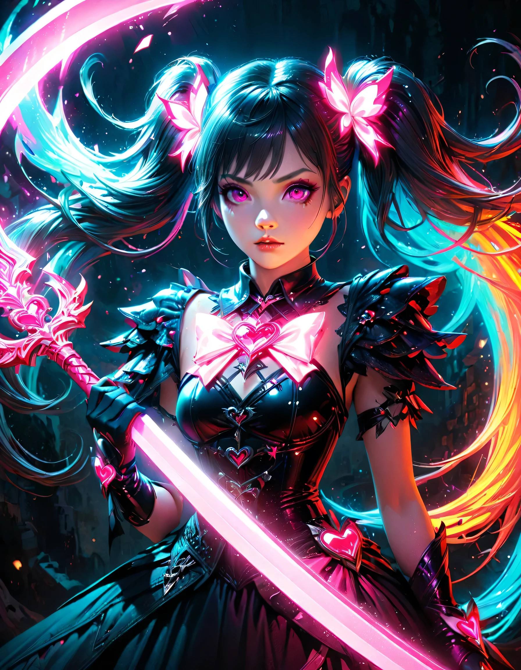 (highest quality), Fantasy illustration art, Shiny colorful lighting, Big sword, Magical girl, Gothic, Twin tails, Realistic, Super detailed, High resolution, anime, Glowing neon color palette,