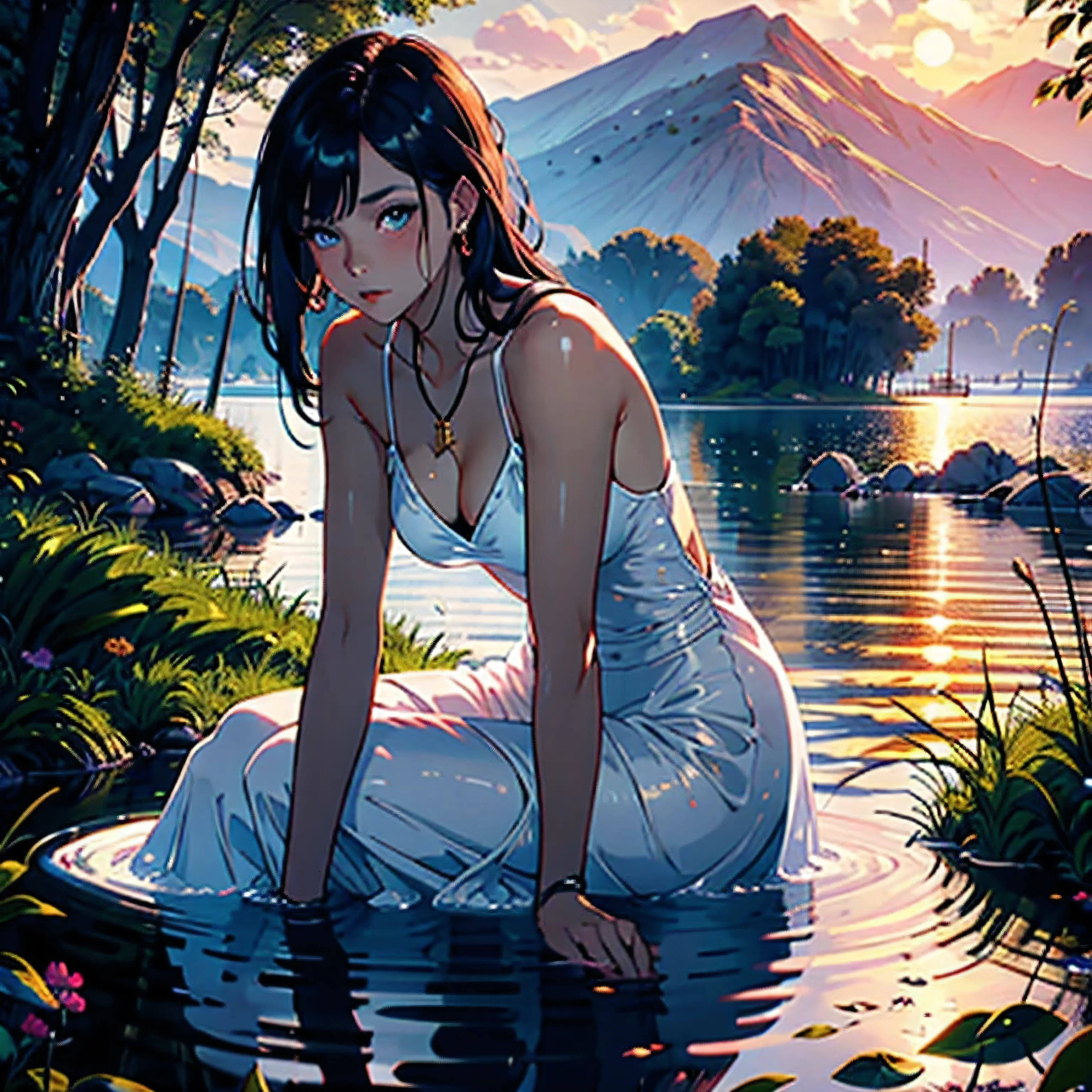 1 girl, calm expression, enchanting eyes, straight long hair, flowing dress, sexy pose, porcelain skin, subtle blush, Crystal pendant BREAK golden hour, (rim lighting):1.2, warm tones, solar flare, soft shadow, bright colors, painterly effect, Dreamy atmosphere BREAK Beautiful lake, distant mountain々, willow tree, calm water, reflection, clouds illuminated by the sun, Nasty atmosphere, calm sunset, Super detailed, official art, unity 8k wallpaper
, tangled, mandala