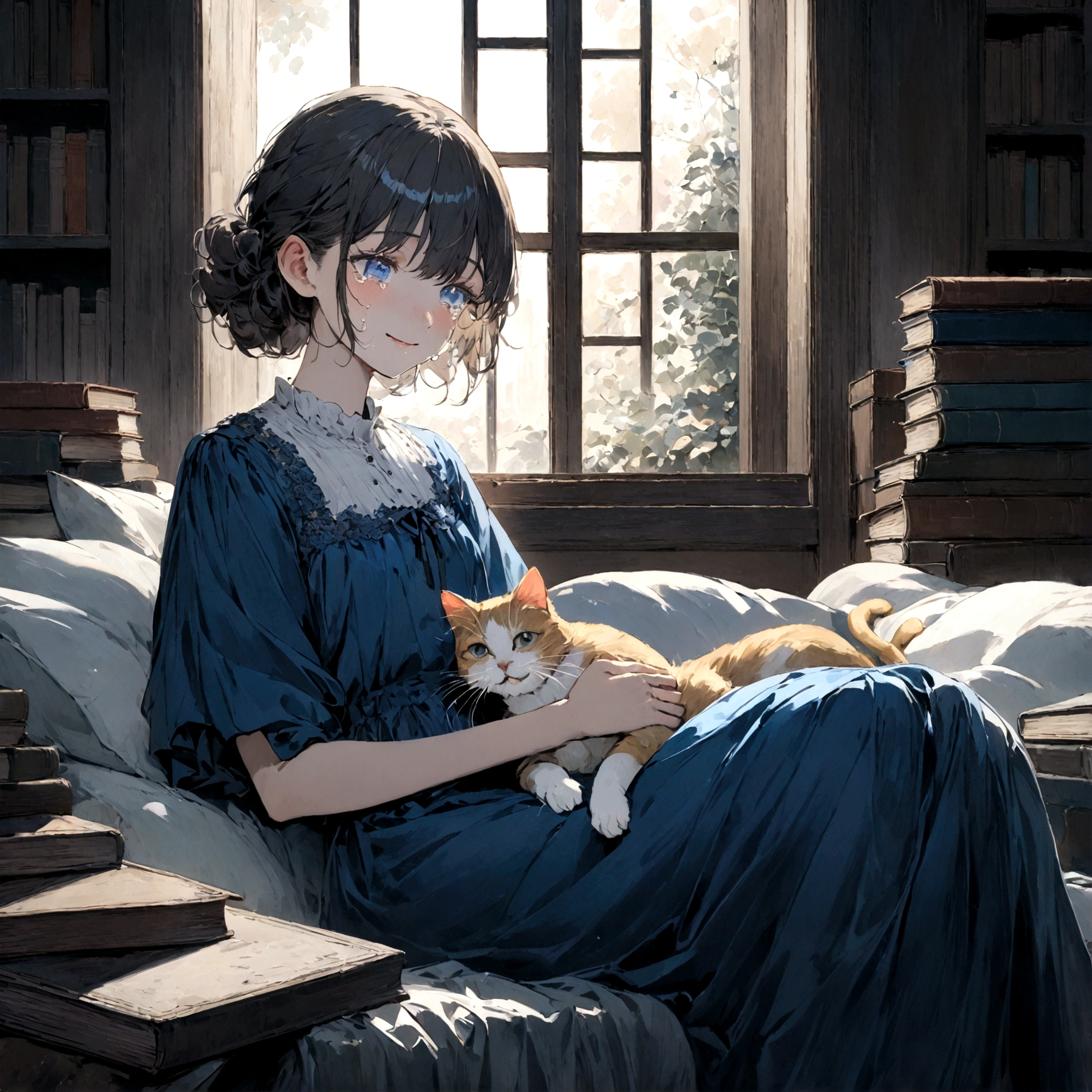 a sad female wearing a blue dress, silently crying on her bed though accepting it, in front of a moonlit window surrounded by books, has a smile on her face, modern setting, has cat on her lap, tears in her eyes
