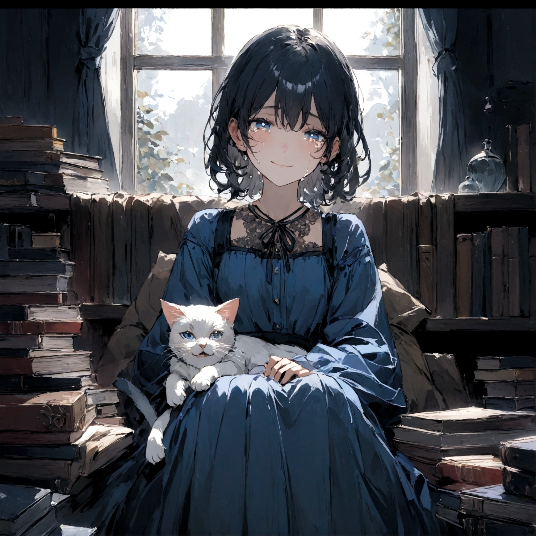 a sad female wearing a blue dress, silently crying on her bed though accepting it, in front of a moonlit window surrounded by books, has a smile on her face, modern setting, has cat on her lap, tears in her eyes