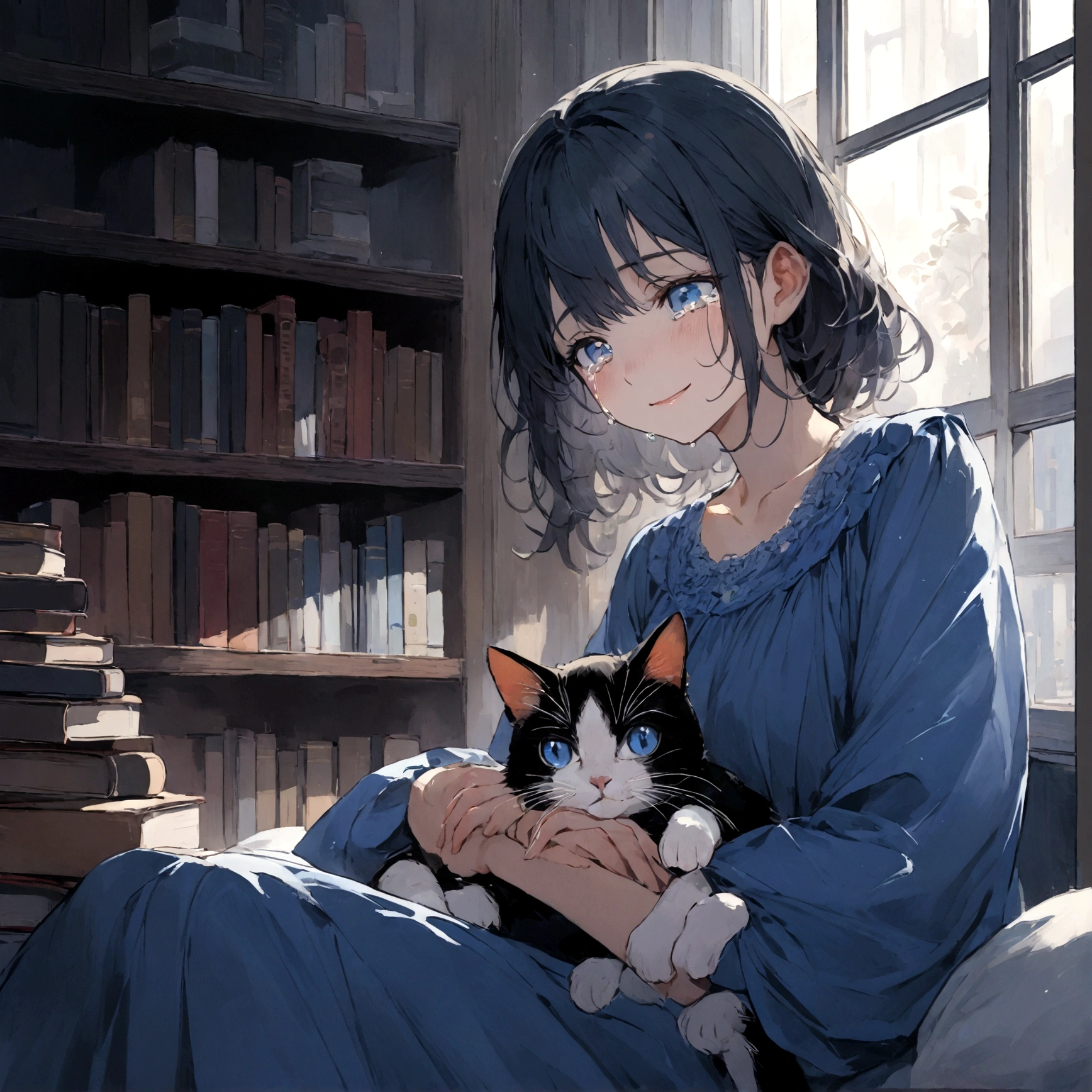 a sad female wearing a blue dress, silently crying on her bed though accepting it, in front of a moonlit window surrounded by books, has a smile on her face, modern setting, has cat on her lap, tears in her eyes