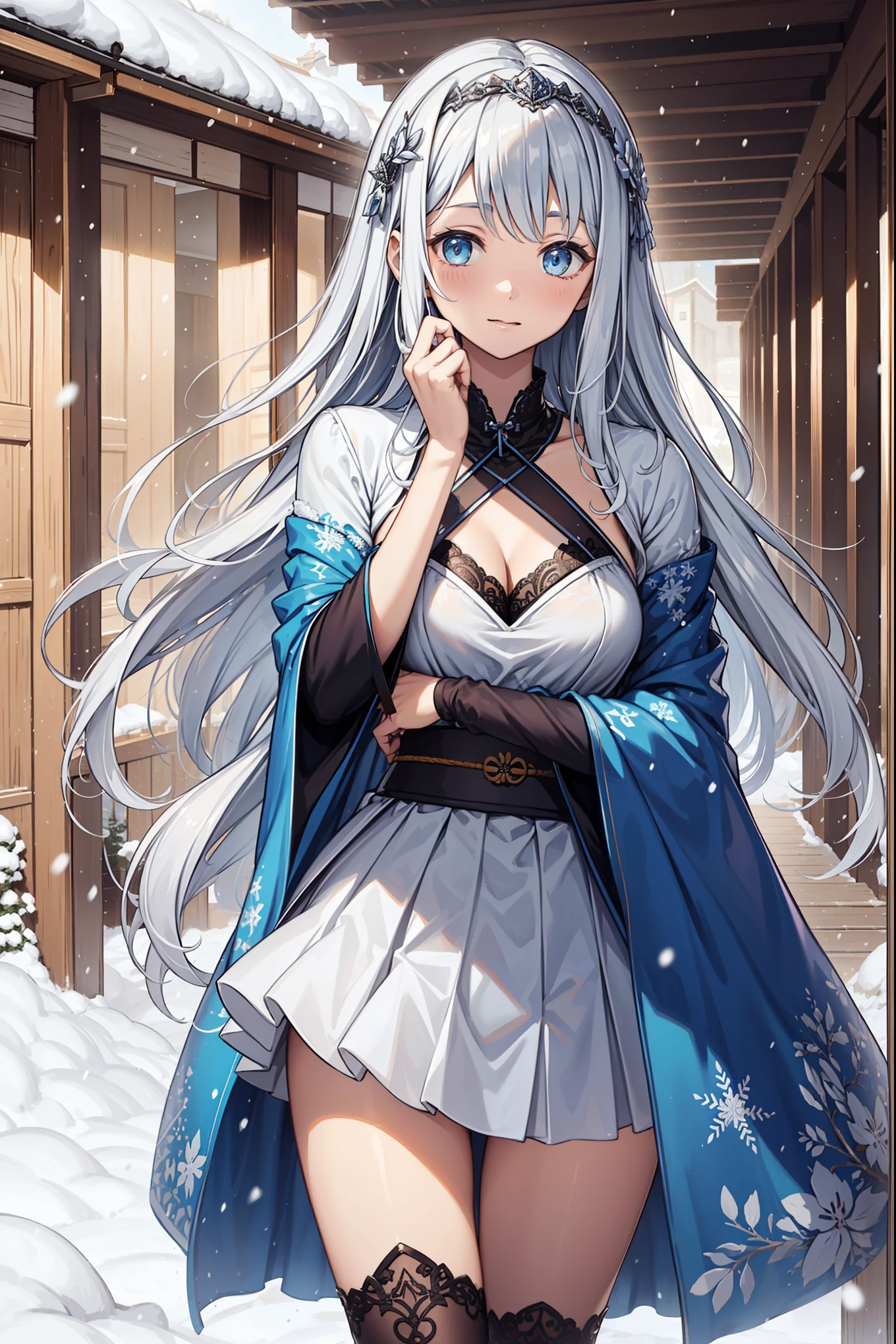 Saint人,Saint,having fun,El Salvador,(White translucent soft skirt:1.2),Black suspender boots,(Silver Hair:1.2),blue eyes,(There is an ice ornament on the head),light blue pattern,Light blue edge minimalism,Ruffles,Lace,Exquisite embroidery,Exquisite patterns,(Dress nicely),Transparent clothes,The Japanese palace is in the background,Snowflakes flying,(Snow in the dark:1.2),The only one,Beautiful and delicate face,Seductive pose