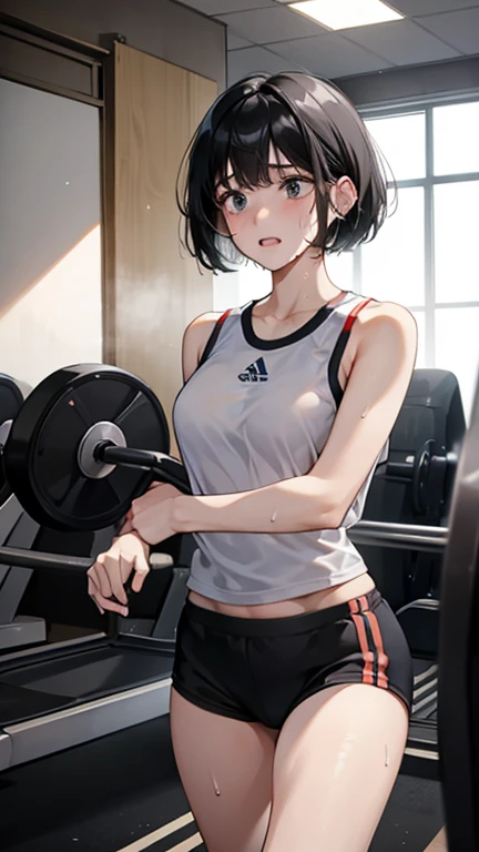Bobcut、Black-haired 、Sweating at the gym、View from the gun、Desperate form、Sweaty、indoor、Many other guests、Wearing a jersey、No exposure、in motion、Grit your teeth、Dumbbell raising