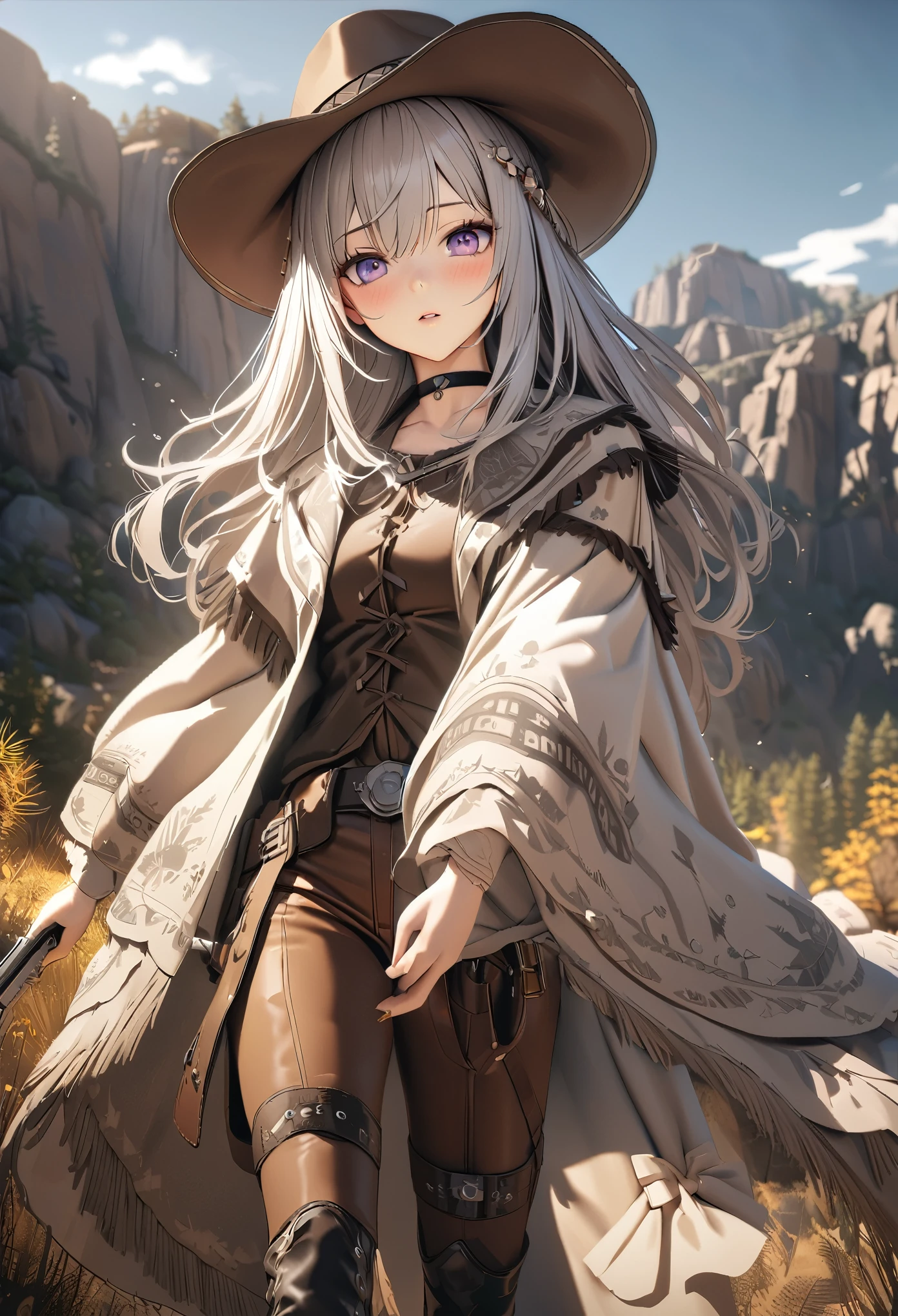 masterpiece,highest quality, Super detailed, High resolution, expensive resolution, HDR, 4k, 8K, unity 8k wallpaper, Super detailed CG, masterpiece, realistic, 2D, 3D, beautiful details, depth, fine texture , super fine: 1.3, Fully focused, Crispy.skin, .he, Very cute anime girl 、Desolate wilderness、cowboy style costume、cowboy hat、cowboy boots、hand gun、mexican wilderness、duel、Standing with a hand gun、long silver hair wearing expensive , one girl、alone, long silver hair, cowboy style、cowboy hat、hand gun、duel、cowboy bootole under the eye, looking at the viewer , expensive , blush, mole, parted lips, hair ornaments, heart, purple eyes, choker