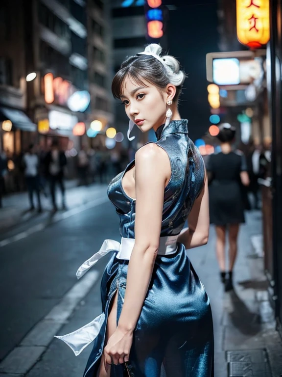 "(Exquisitely drawn CG Unity 8k wallpaper, Masterpiece quality with stunning realism), (Best lighting, Best Shadow), (highest quality), (Elegant and devilish style:1.2), Artistic modern anime. Diagonal view, A close-up full-body portrait of a stunningly beautiful mature Chun-Li from Street Fighter。 ((Dark brown hair:1)), ((White lace-up boots:.5)), Dynamic pose, (Blue Chinese Dress:1.5), Amazing body, in china at night with neon lights, Shy and shy、Frivolous、Sexy、Cute expression, The body is slim, Very decorative and detailed, Brown see-through pantyhose, Depth of field blur effect, night, Full Zoom, Action Portrait, Realistic. Cinema Lighting, Very detailed. highest quality, 4K, Better Hands, Perfect Anatomy, Shortening effect, Shy and shy sexy expressions, Makes legs look shorter, (Sharp Eye:0.8), Surrounded by an ominous and dark atmosphere, Dramatic and striking lighting accents, Surreal fantasy feel". (Wearing white laced military boots:1), (night:1), (Side view:.5), (Lifted my butt:1), (metal spike bracelet:1), (Leaning forward:1), (White ribbon flowing from hair bun:1.5) (Front view:1)